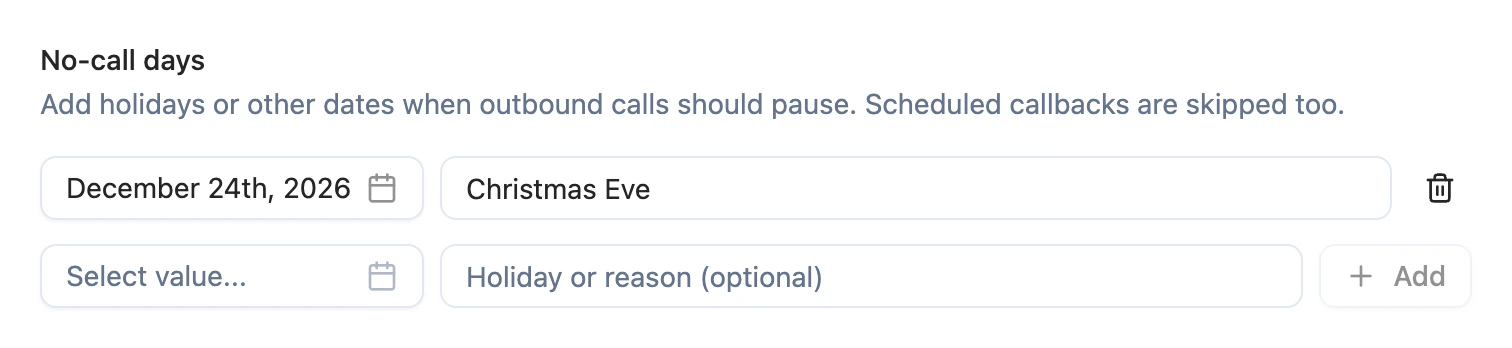 No-call days settings with Christmas Eve added
