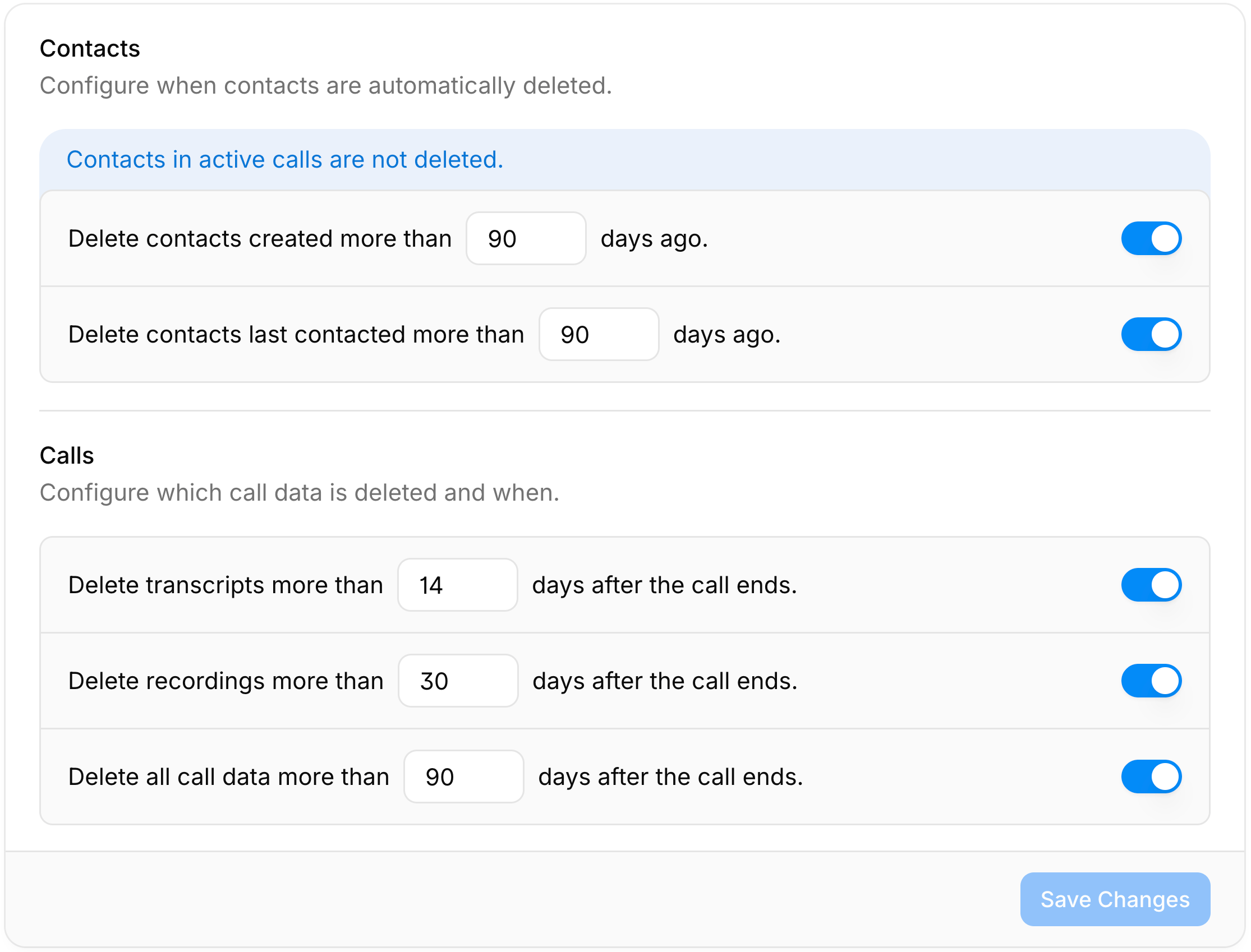 Data retention settings for contacts, call data, recordings, and transcripts