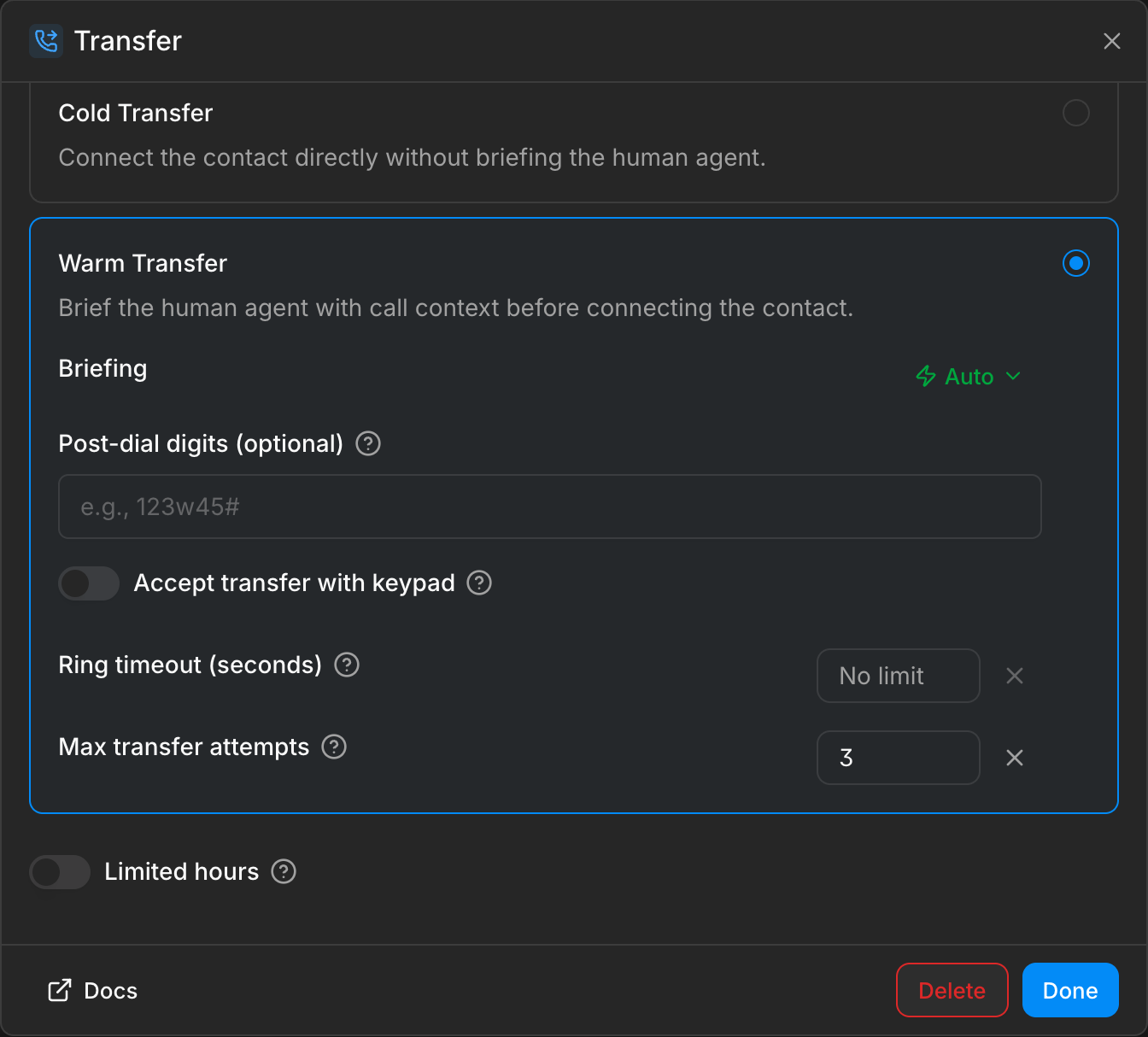 Warm transfer settings with an attempt limit and transfer outcomes in the conversation timeline