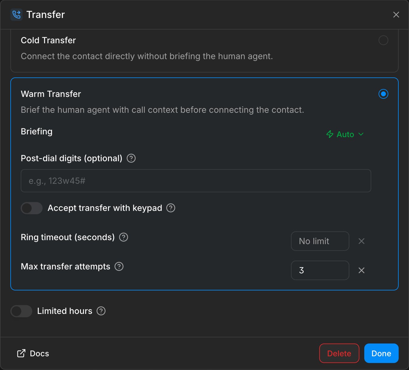 Warm transfer settings with an attempt limit and transfer outcomes in the conversation timeline