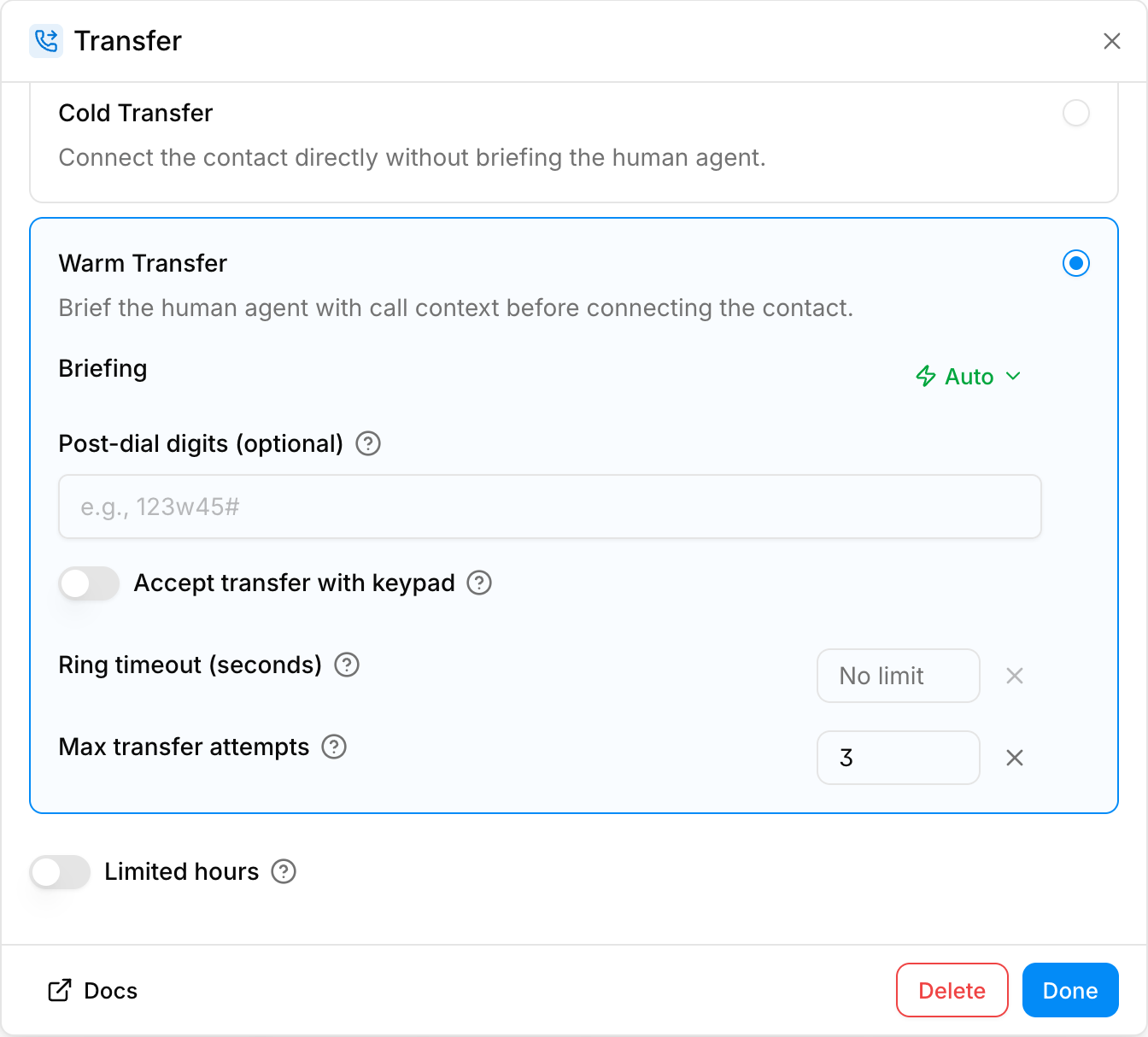 Warm transfer settings with an attempt limit and transfer outcomes in the conversation timeline