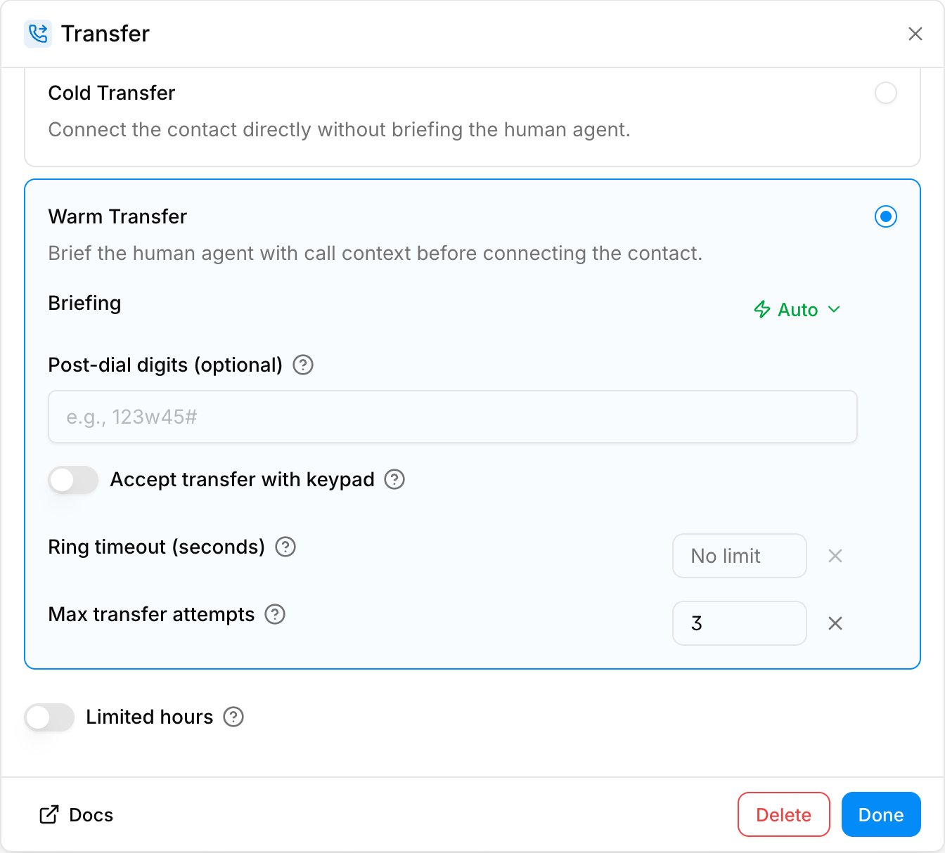Warm transfer settings with an attempt limit and transfer outcomes in the conversation timeline