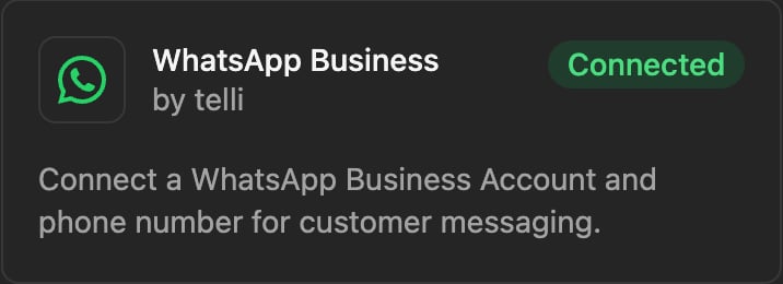 WhatsApp Business integration tile in the telli integration catalog showing Connected status