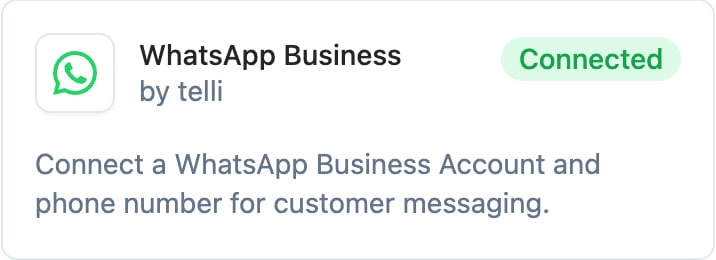 WhatsApp Business integration tile in the telli integration catalog showing Connected status
