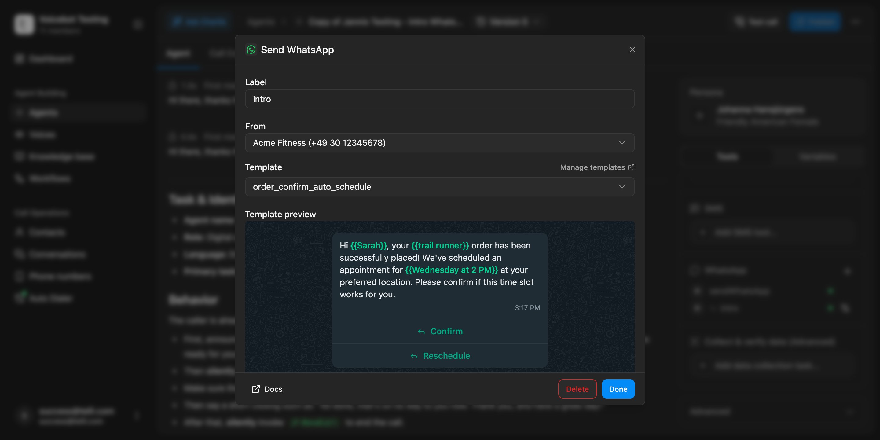 Send WhatsApp tool dialog in the agent builder with an appointment confirmation template selected