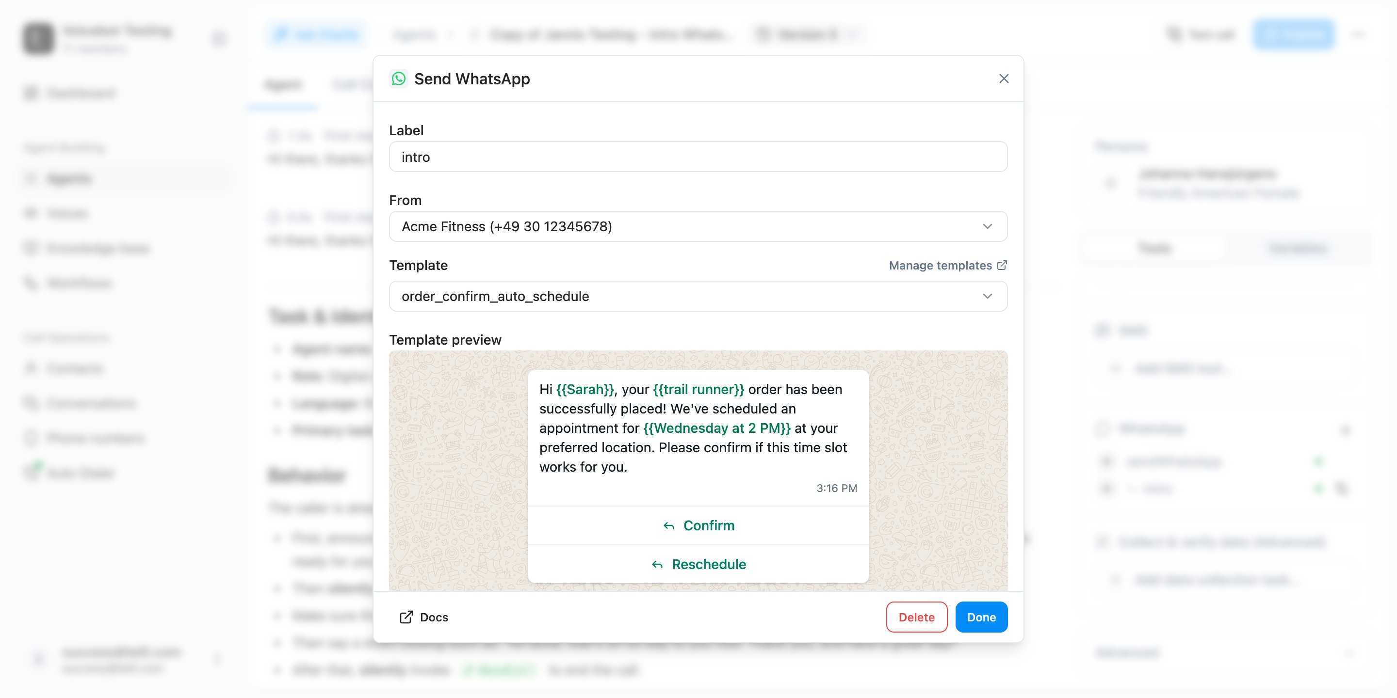 Send WhatsApp tool dialog in the agent builder with an appointment confirmation template selected