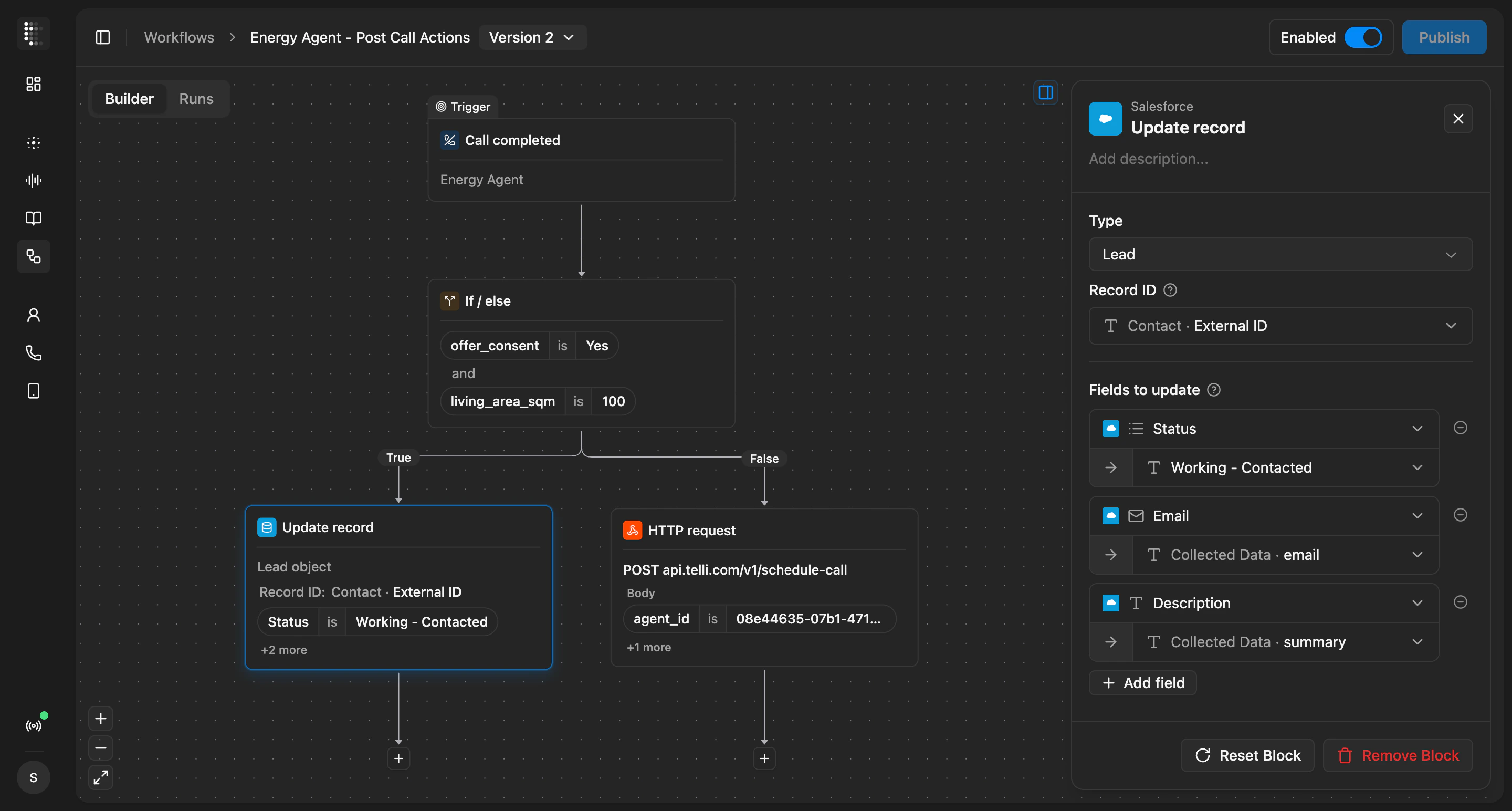 Workflows builder with trigger, condition, and action blocks