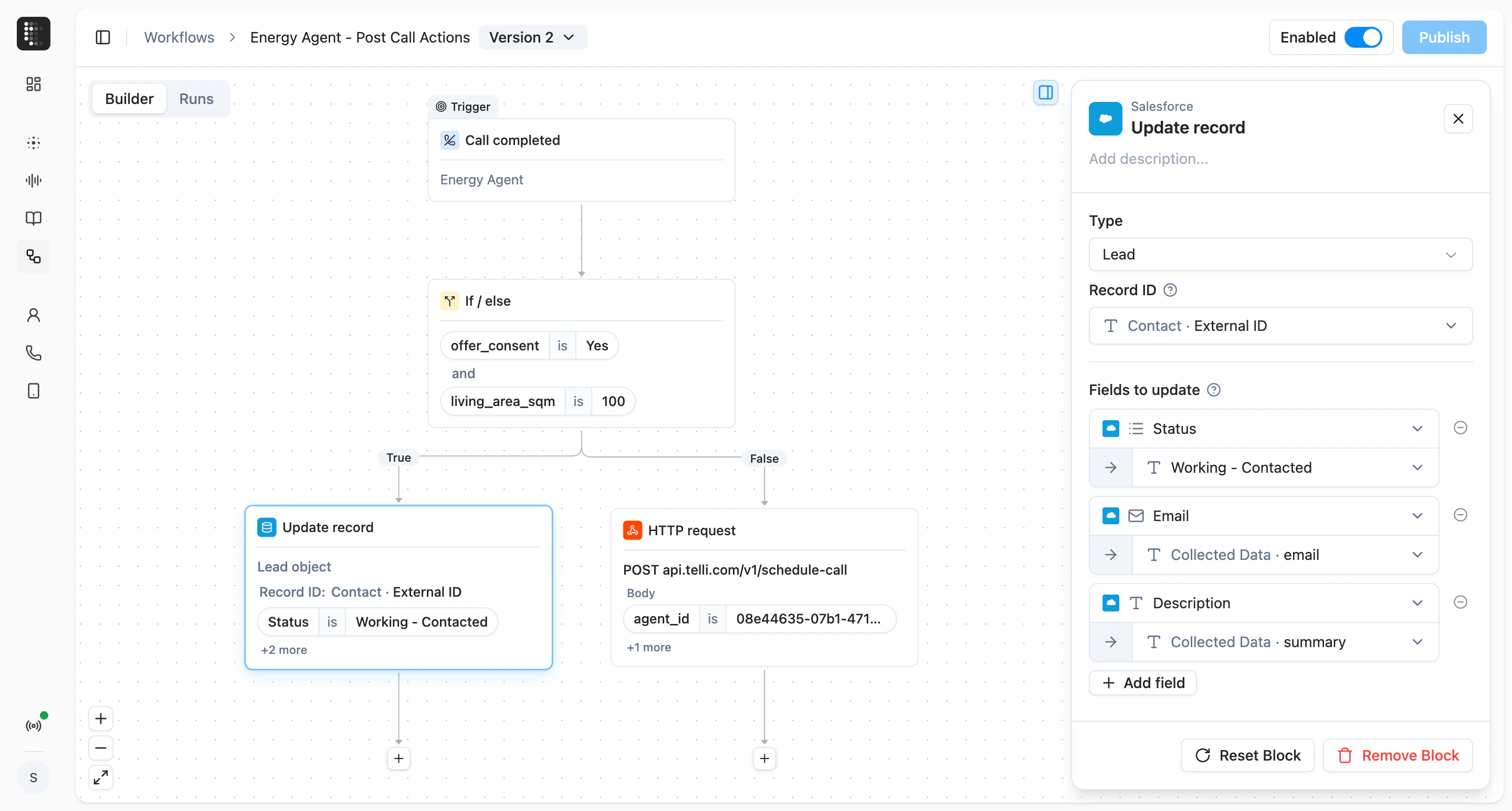 Workflows builder with trigger, condition, and action blocks