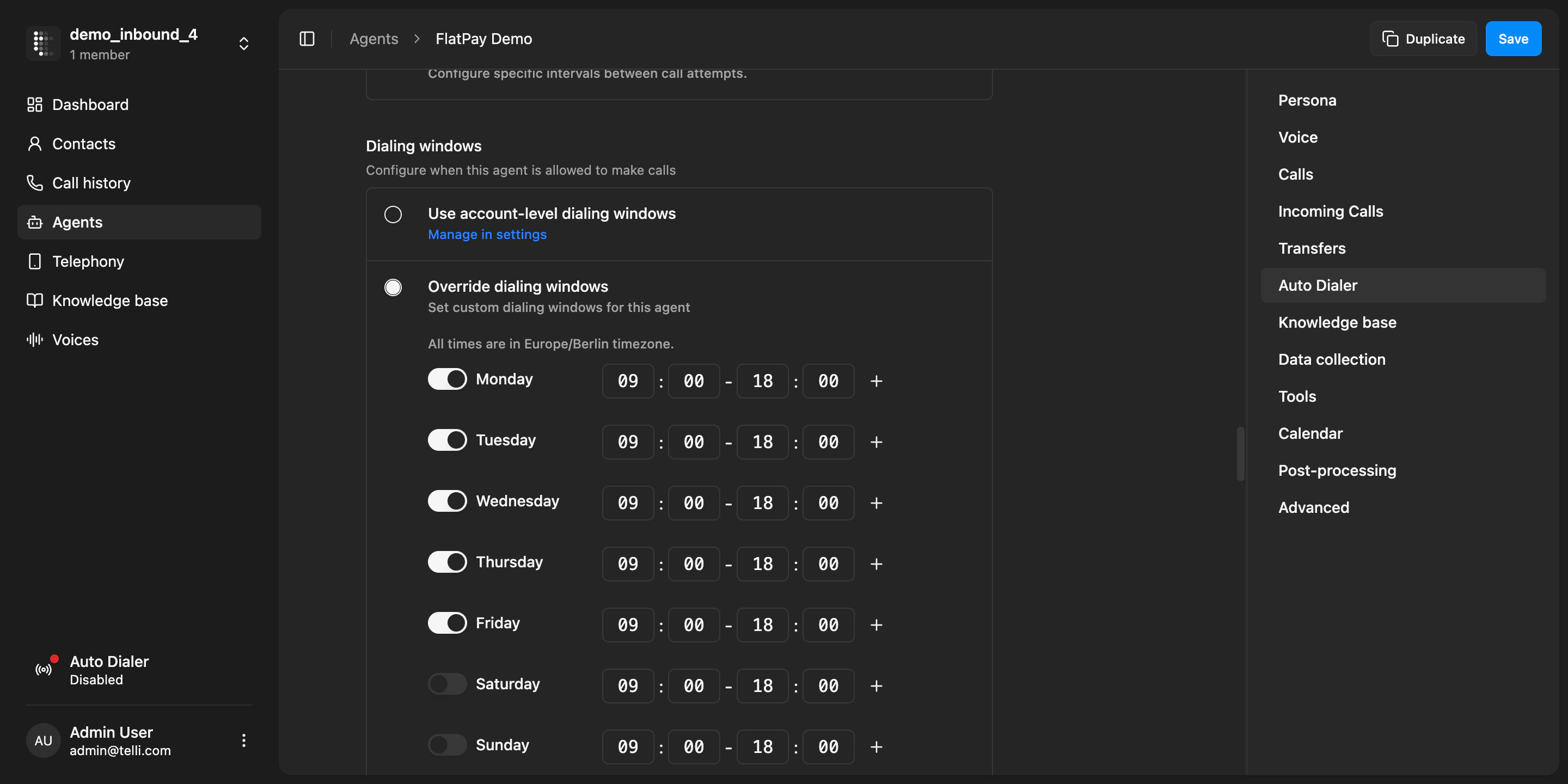 Agent-level dialing windows configuration