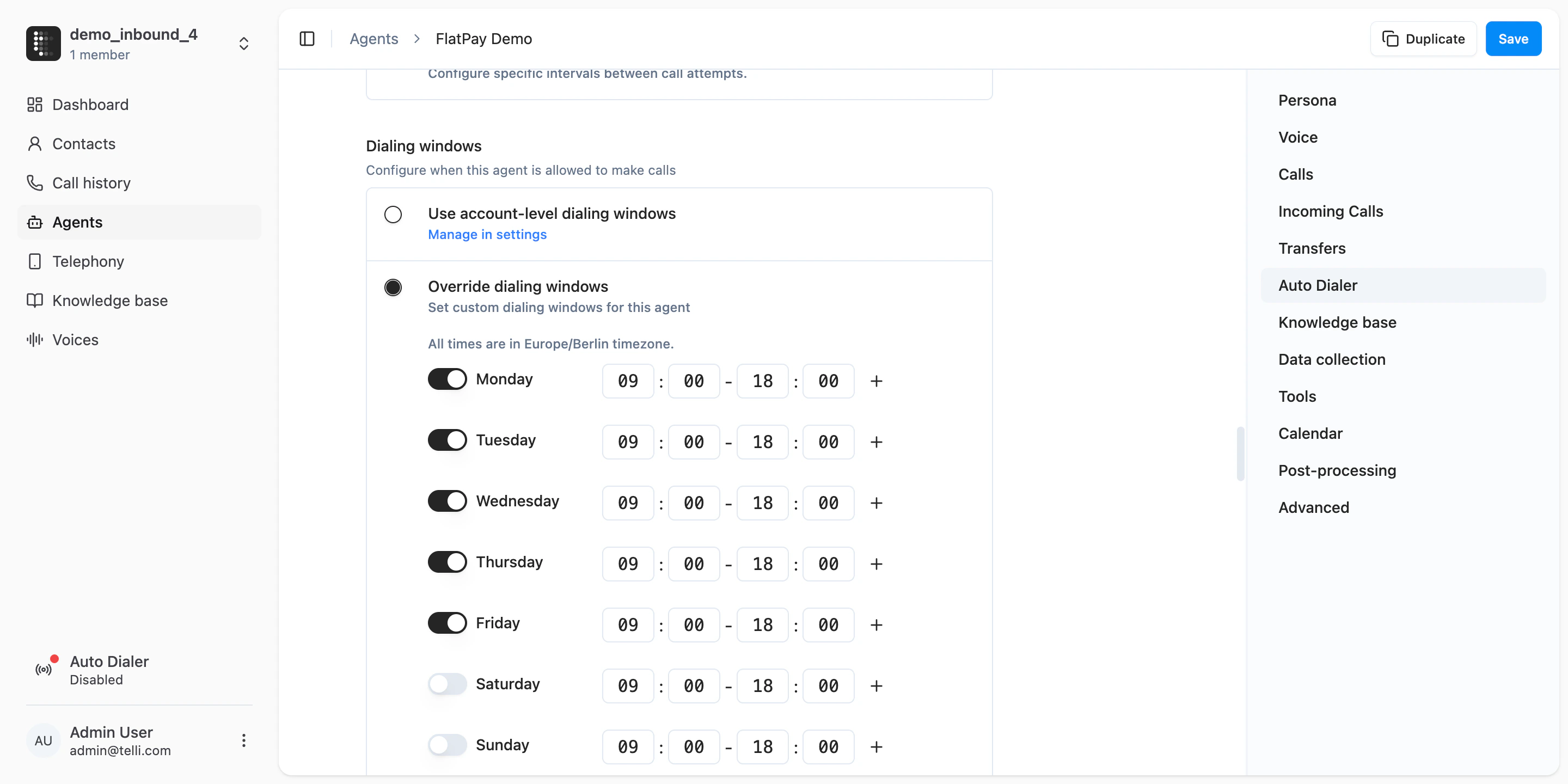 Agent-level dialing windows configuration