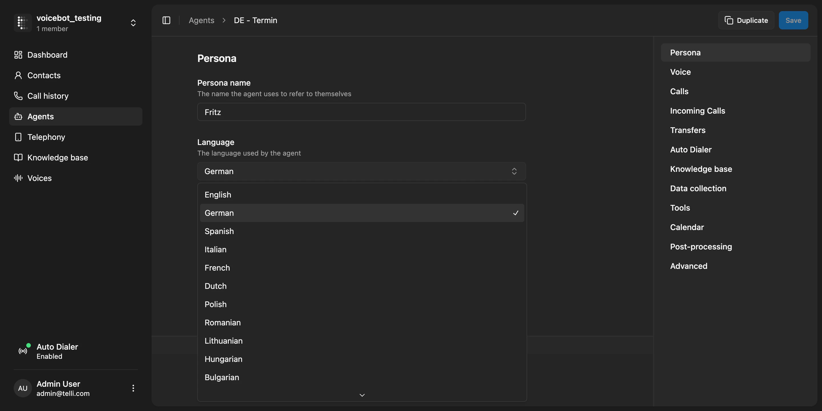 Expanded language selection in agent settings