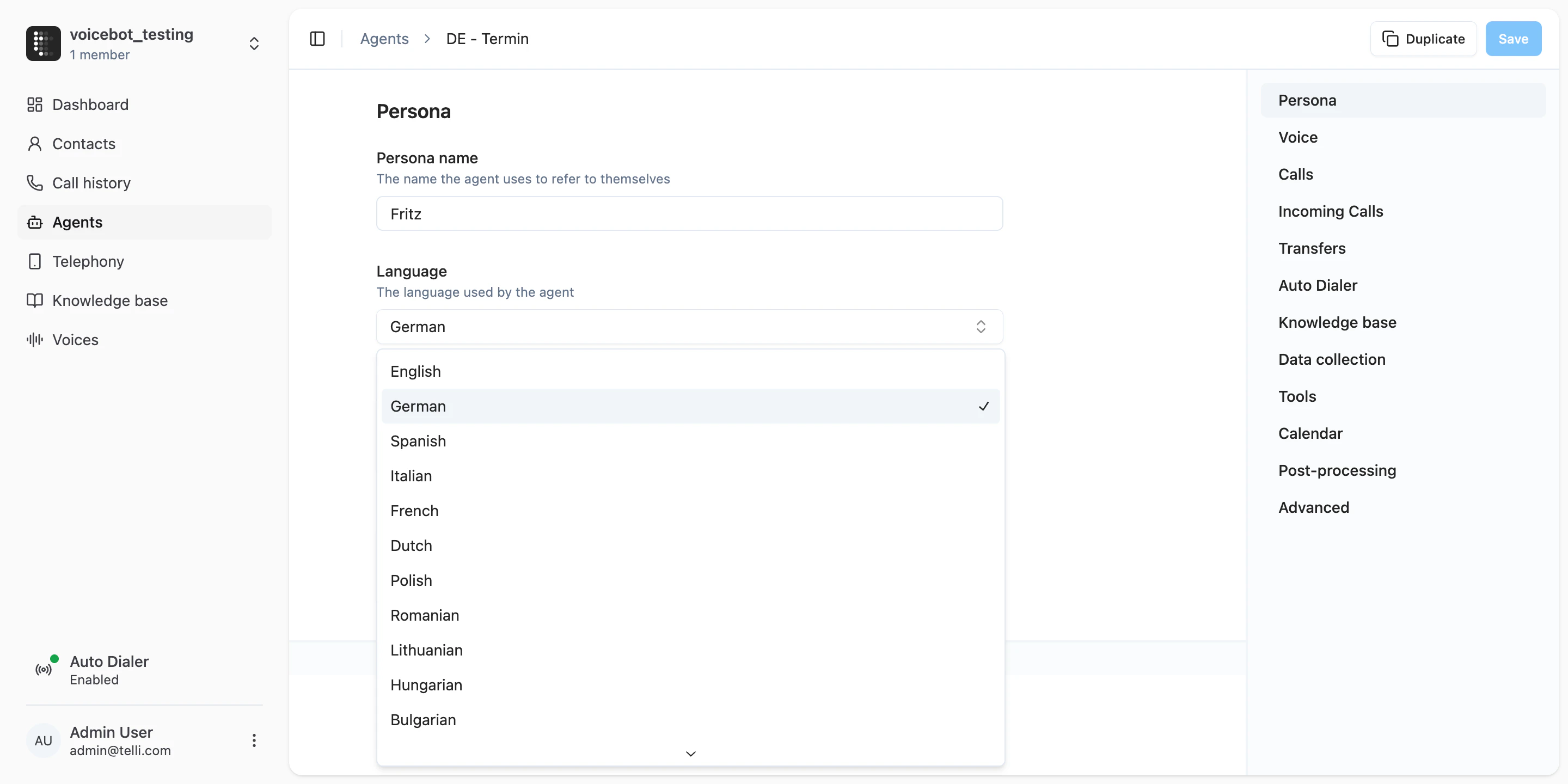 Expanded language selection in agent settings