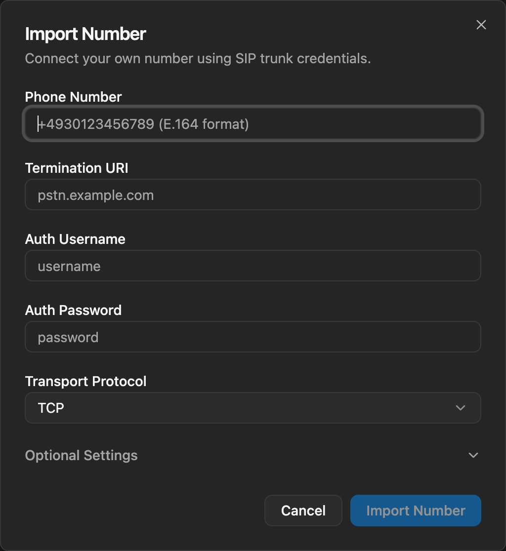 Import Number dialog with phone number, SIP credentials, and transport protocol fields