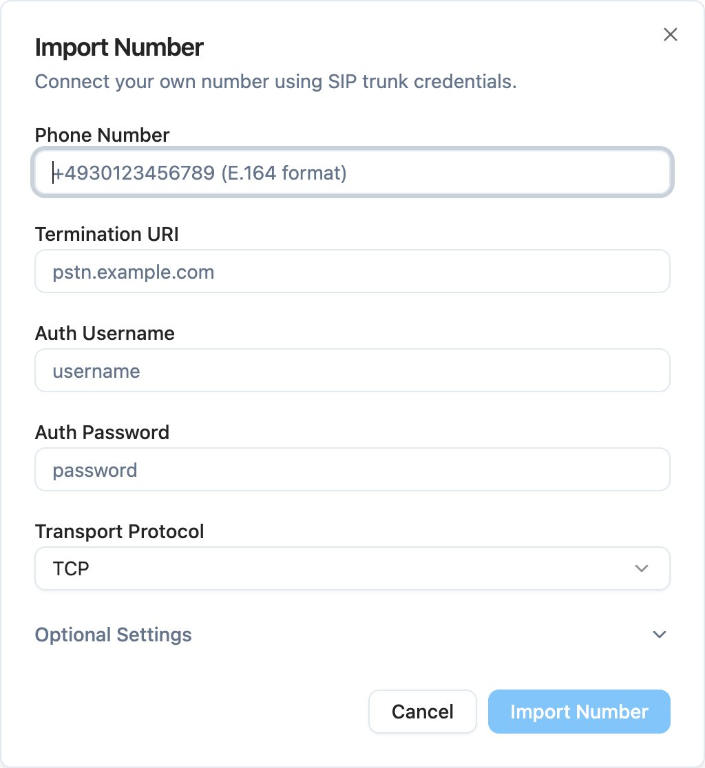 Import Number dialog with phone number, SIP credentials, and transport protocol fields
