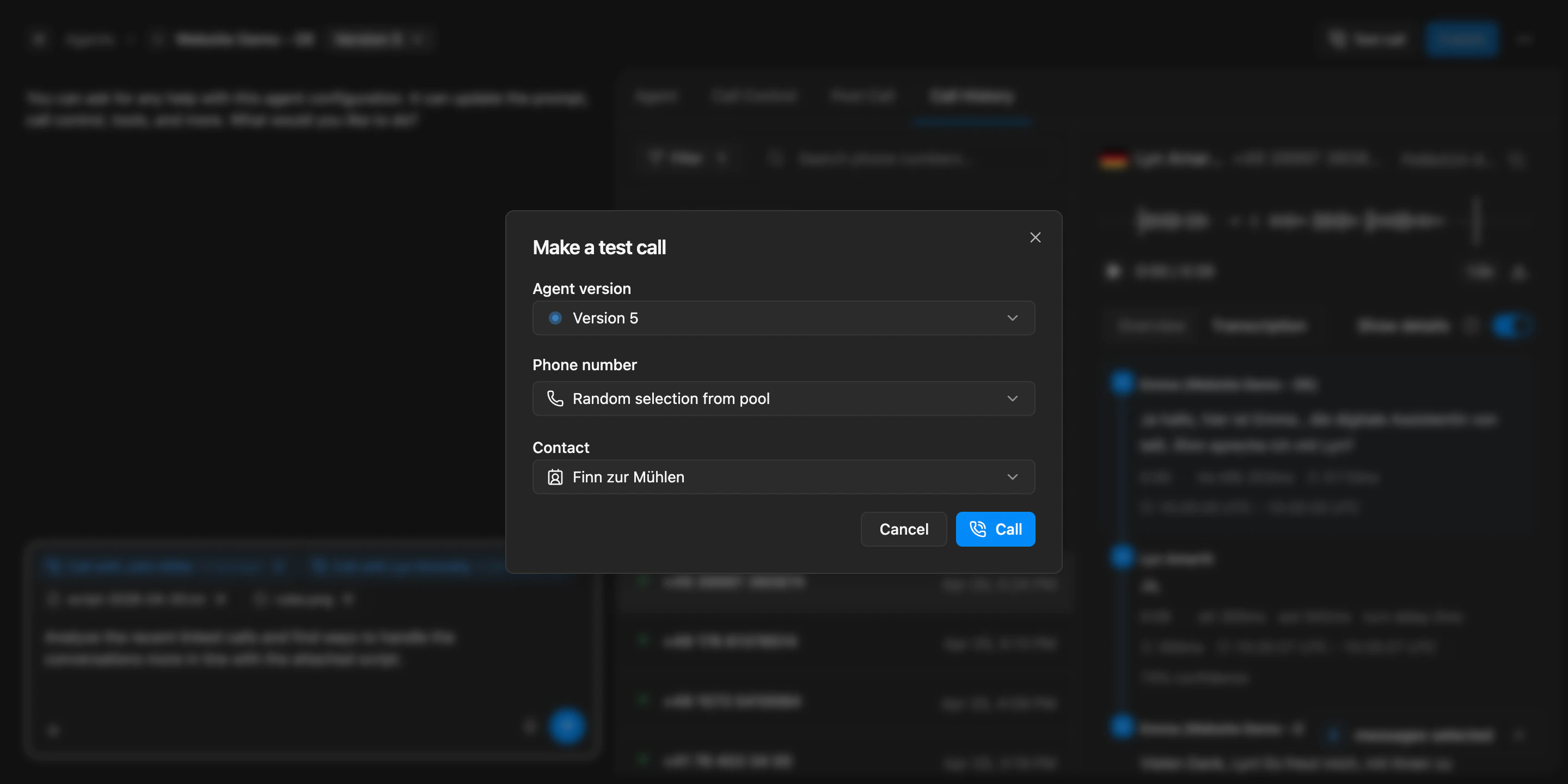 Make a test call dialog with agent version selector, phone number pool, and contact picker