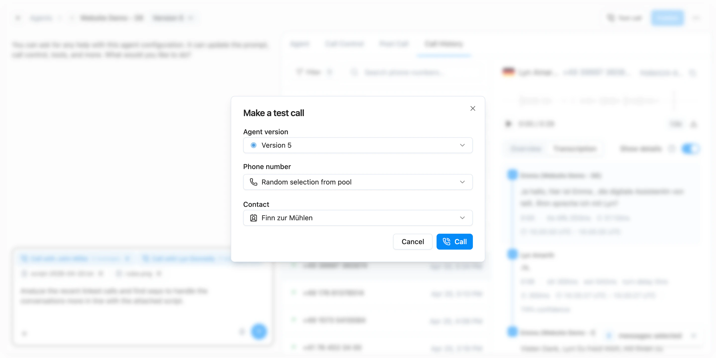 Make a test call dialog with agent version selector, phone number pool, and contact picker
