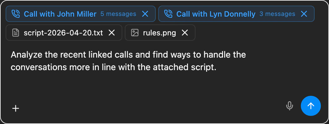 Agent Builder chat input with file upload and voice input controls