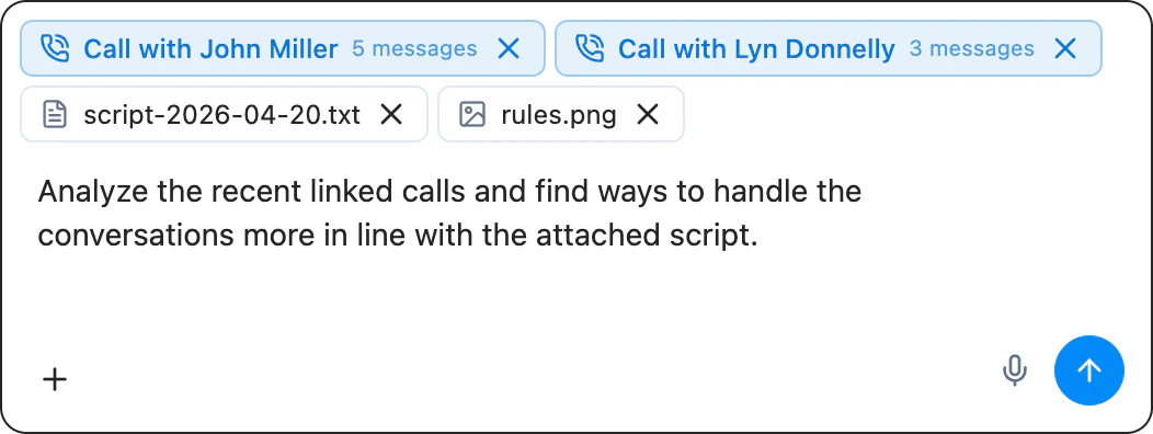 Agent Builder chat input with file upload and voice input controls