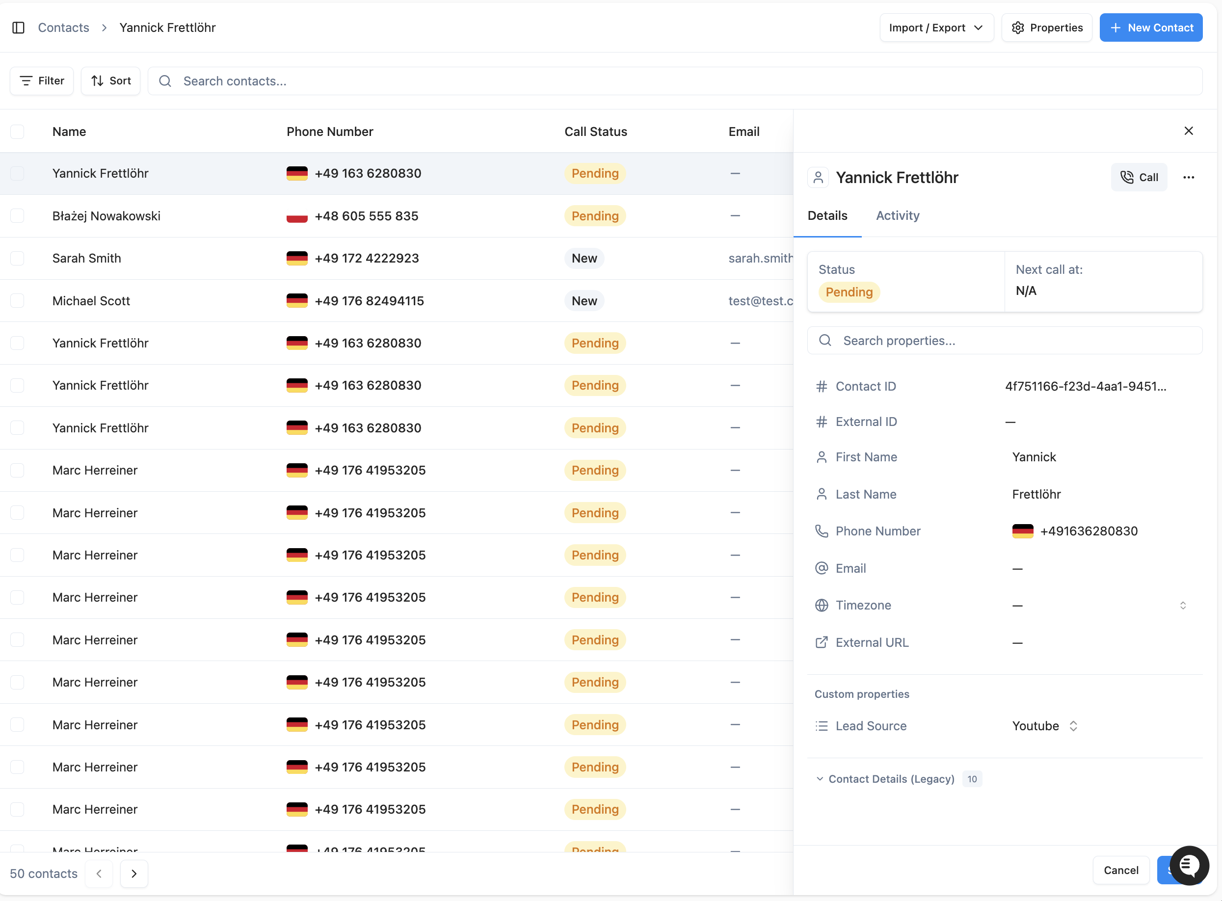 Contact Properties in Detail Panel