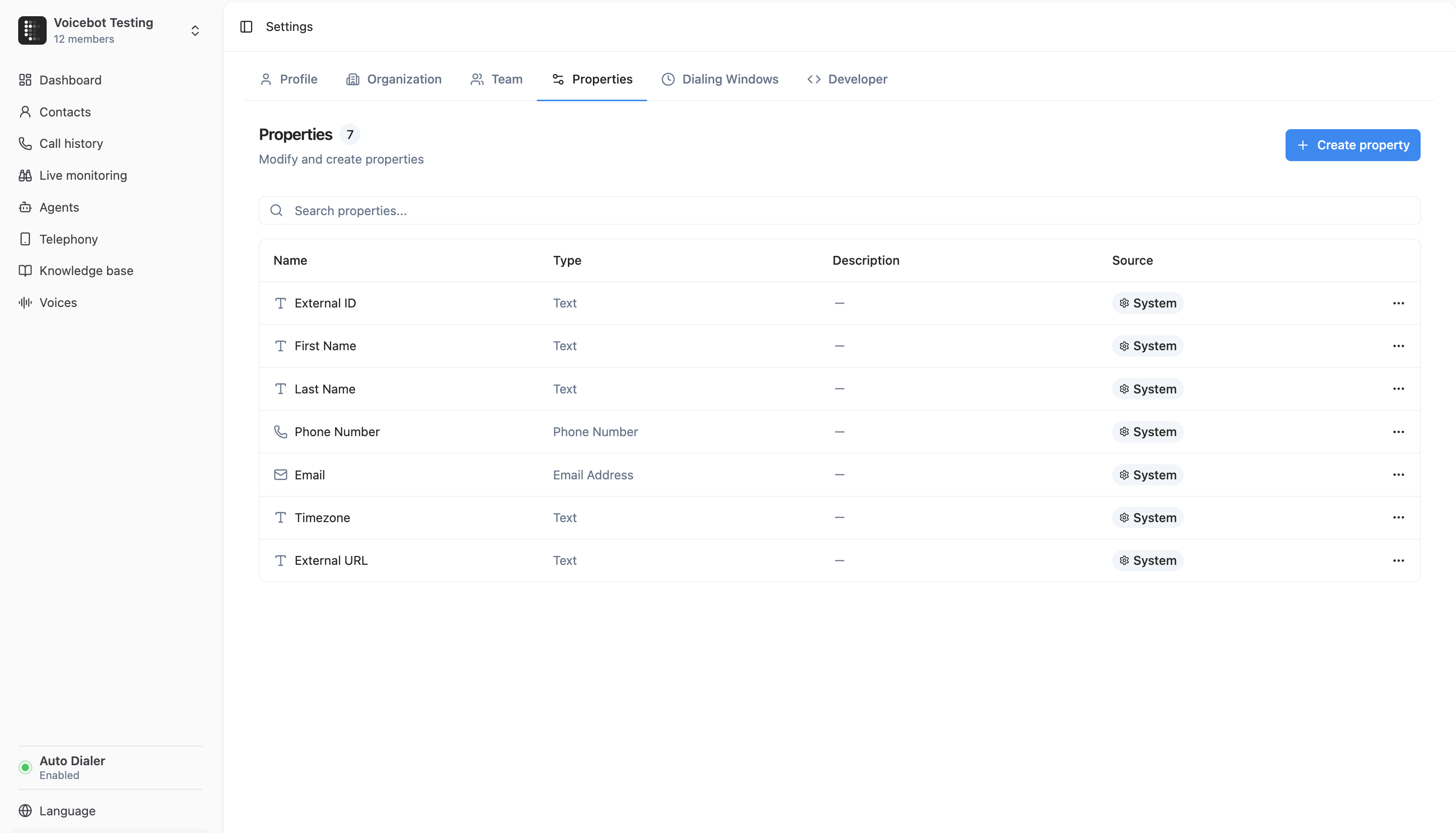 Properties Tab in Settings