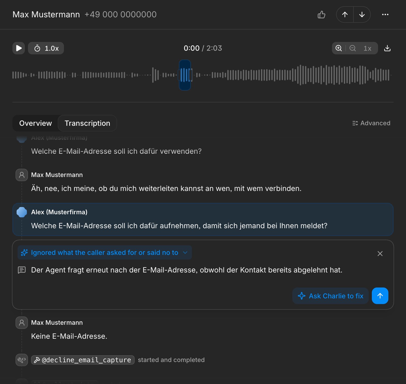 Issue annotation attached to a highlighted range in a call transcript