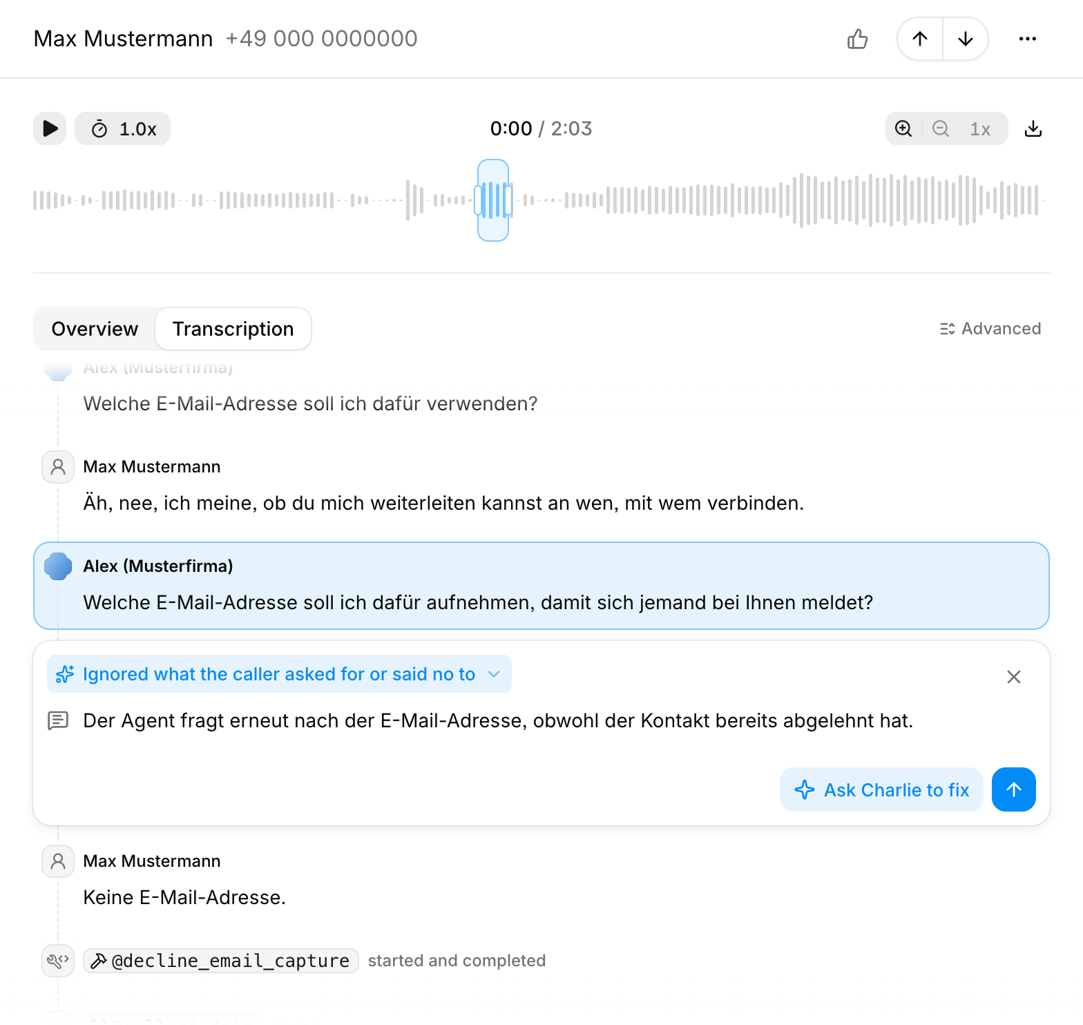 Issue annotation attached to a highlighted range in a call transcript