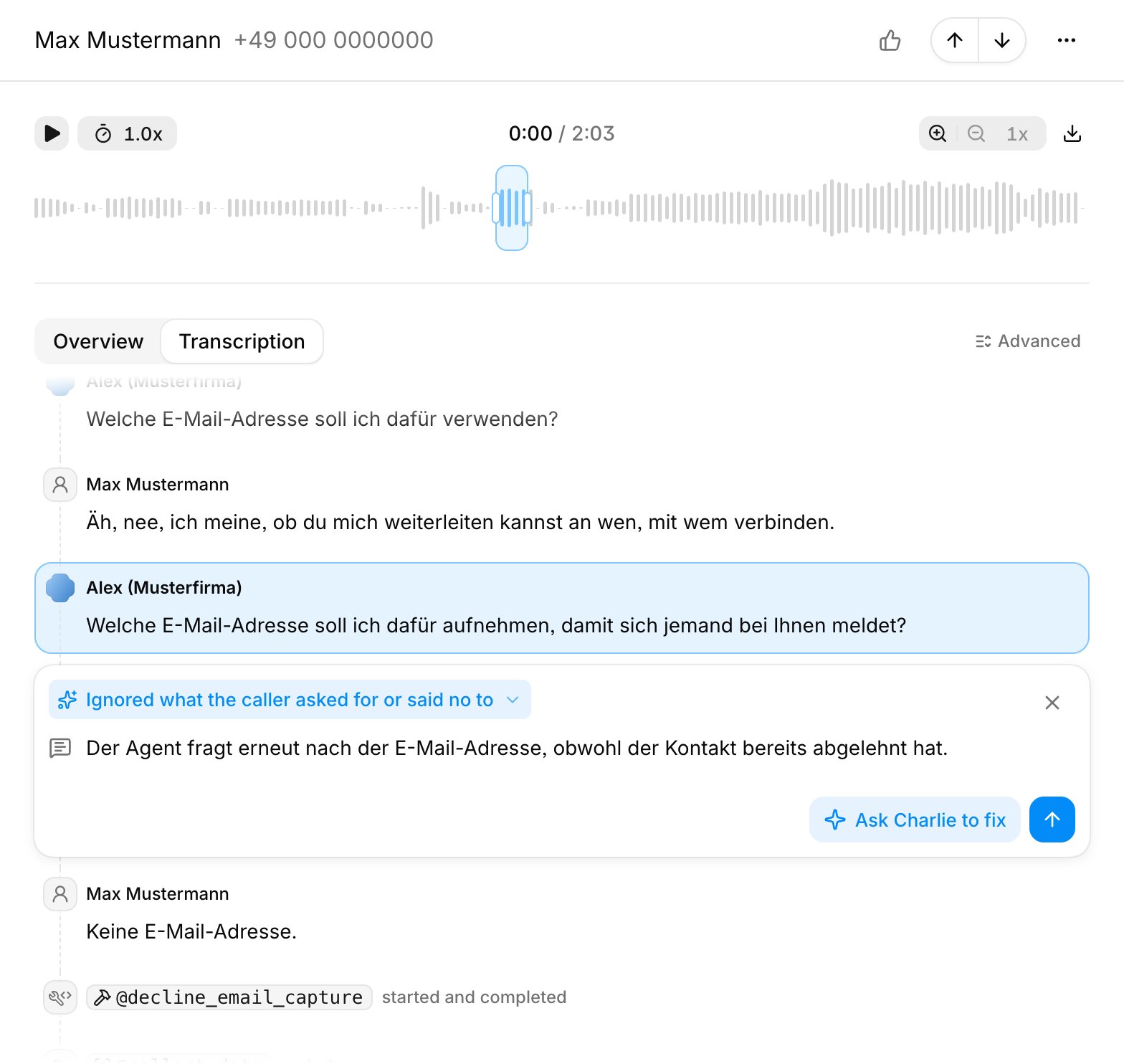Issue annotation attached to a highlighted range in a call transcript
