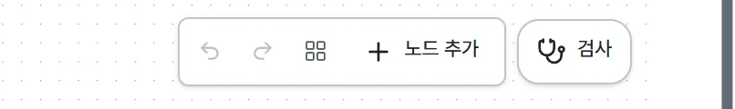 캔버스 오른쪽 위 툴바. 왼쪽부터 되돌리기, 다시 실행, 자동 정렬, 노드 추가 버튼이 있고 오른쪽에 검사 버튼이 따로 떨어져 있다