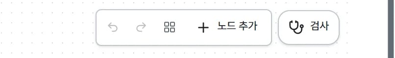 캔버스 오른쪽 위 툴바. 왼쪽부터 되돌리기, 다시 실행, 자동 정렬, 노드 추가 버튼이 있고 오른쪽에 검사 버튼이 따로 떨어져 있다