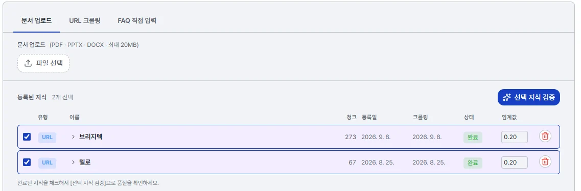 지식 관리 화면 위쪽에 문서 업로드, URL 크롤링, FAQ 직접 입력 탭 셋이 있고 아래 등록된 지식 목록에 URL 두 건이 상태 완료로 표시돼 있다