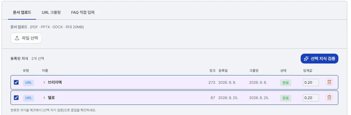 지식 관리 화면 위쪽에 문서 업로드, URL 크롤링, FAQ 직접 입력 탭 셋이 있고 아래 등록된 지식 목록에 URL 두 건이 상태 완료로 표시돼 있다