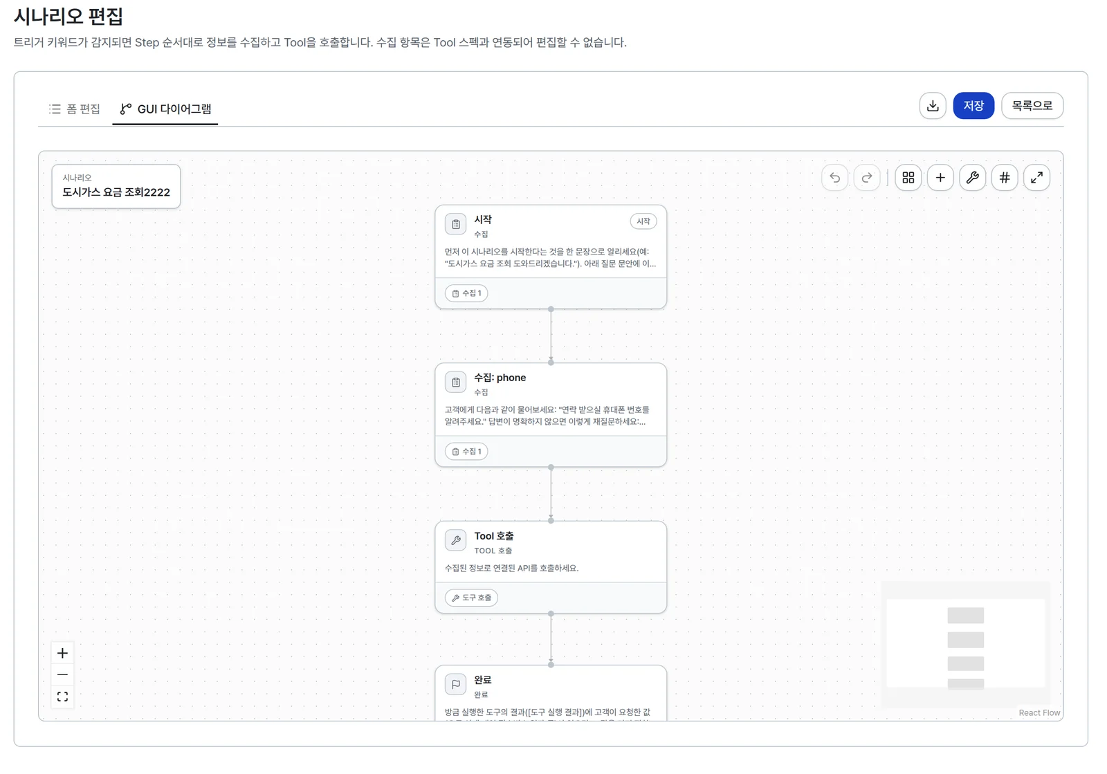 GUI 다이어그램 탭에 시작, 수집, Tool 호출, 완료 노드가 세로로 이어져 있다