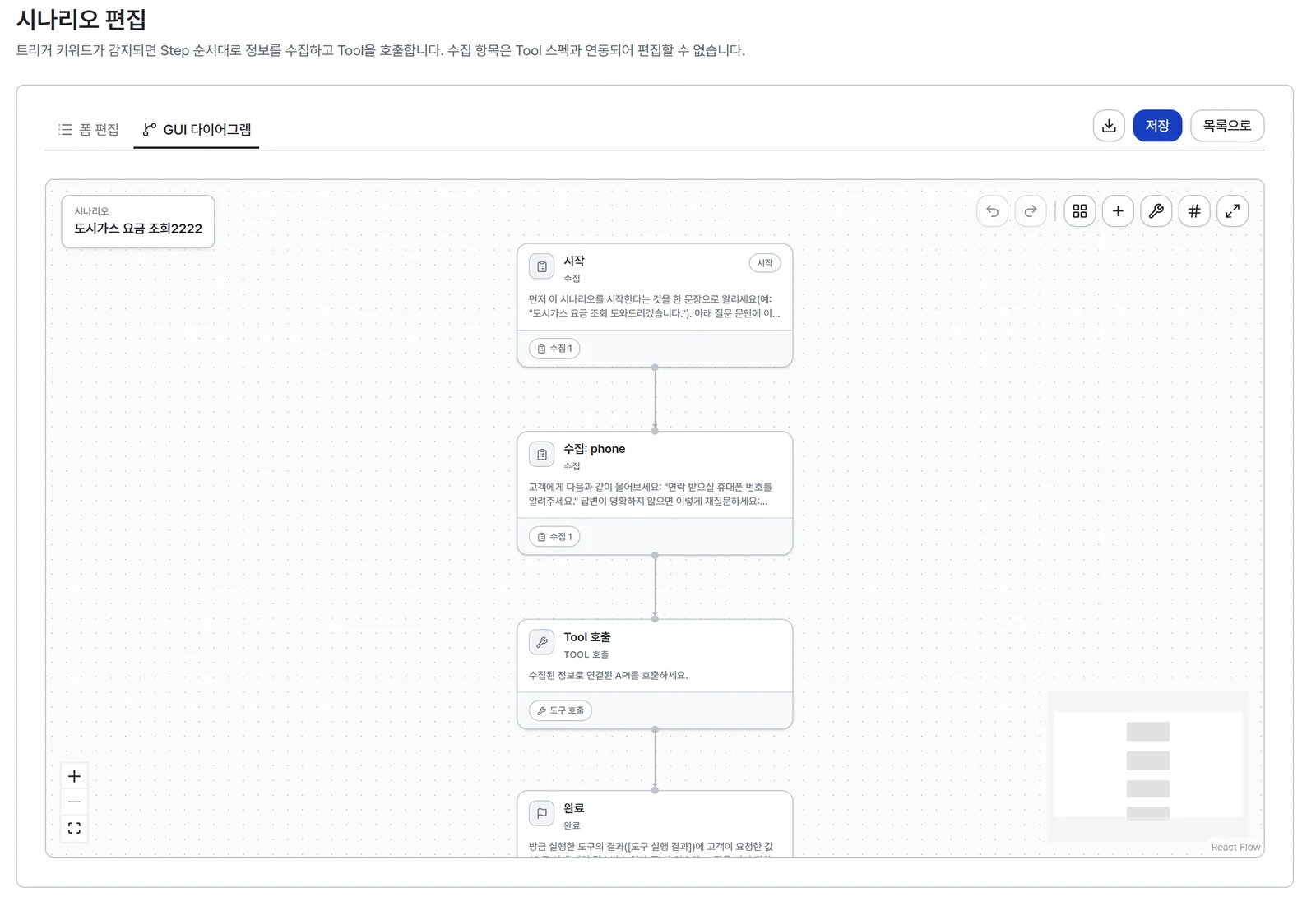 GUI 다이어그램 탭에 시작, 수집, Tool 호출, 완료 노드가 세로로 이어져 있다