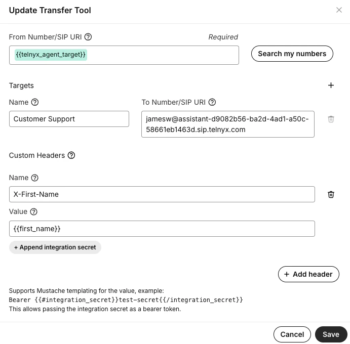 AI Assistant SIP Header Config