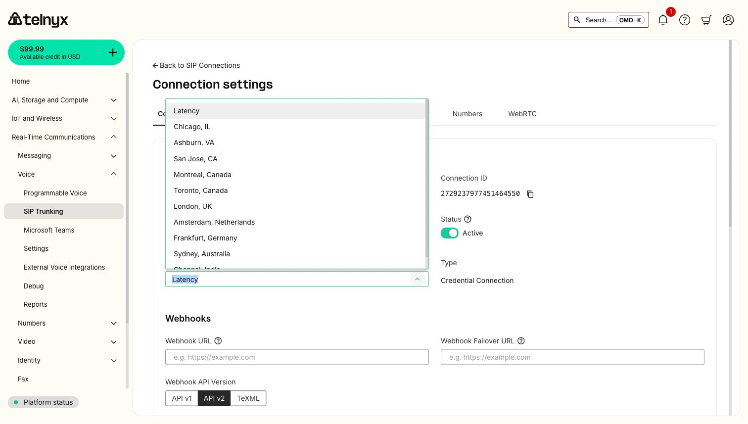 IP Connection settings in the Telnyx Portal showing the AnchorSite Override dropdown with Latency and manual PoP options
