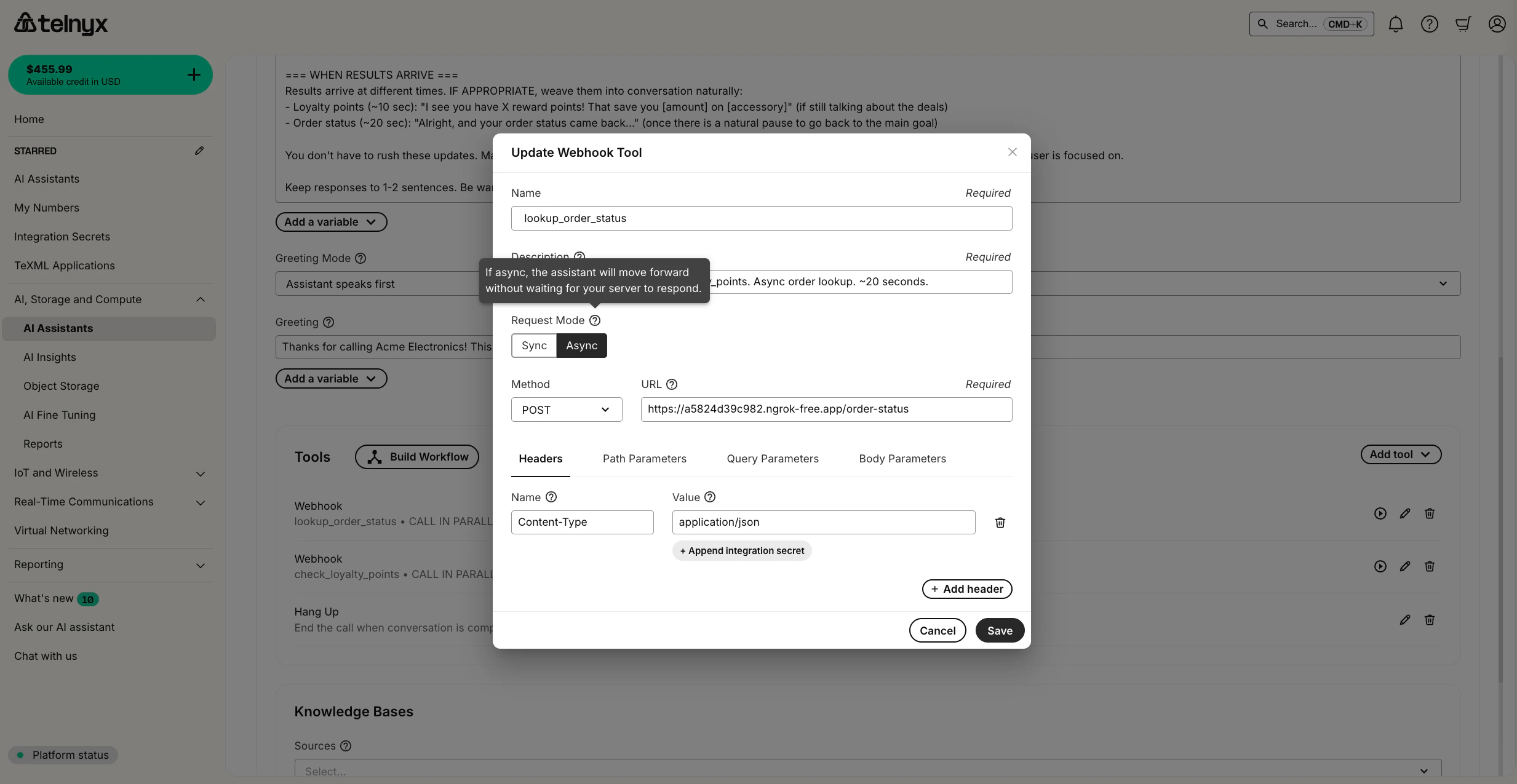 Async webhook configuration in Portal