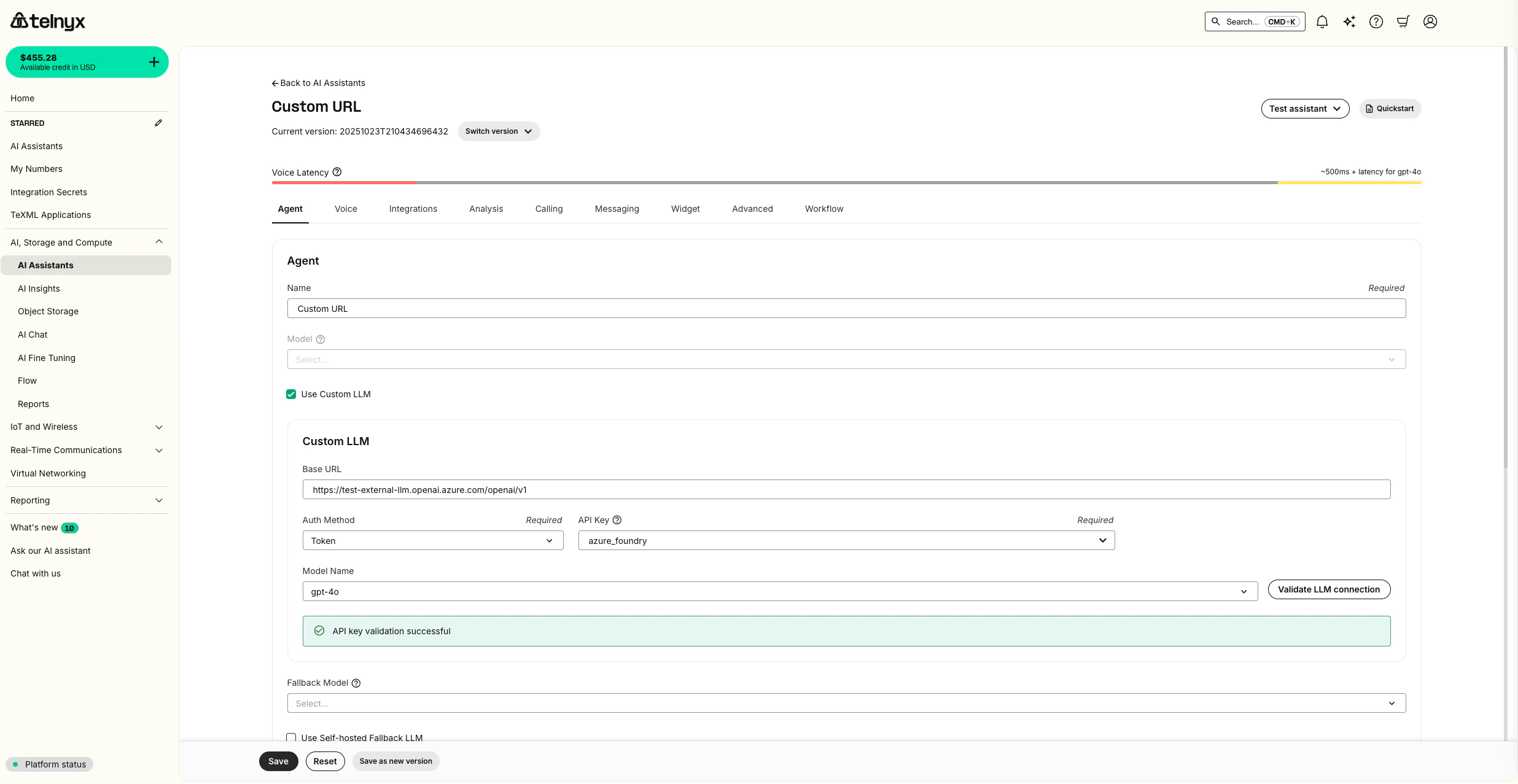 Telnyx portal Agent tab with Azure custom LLM configuration and model dropdown