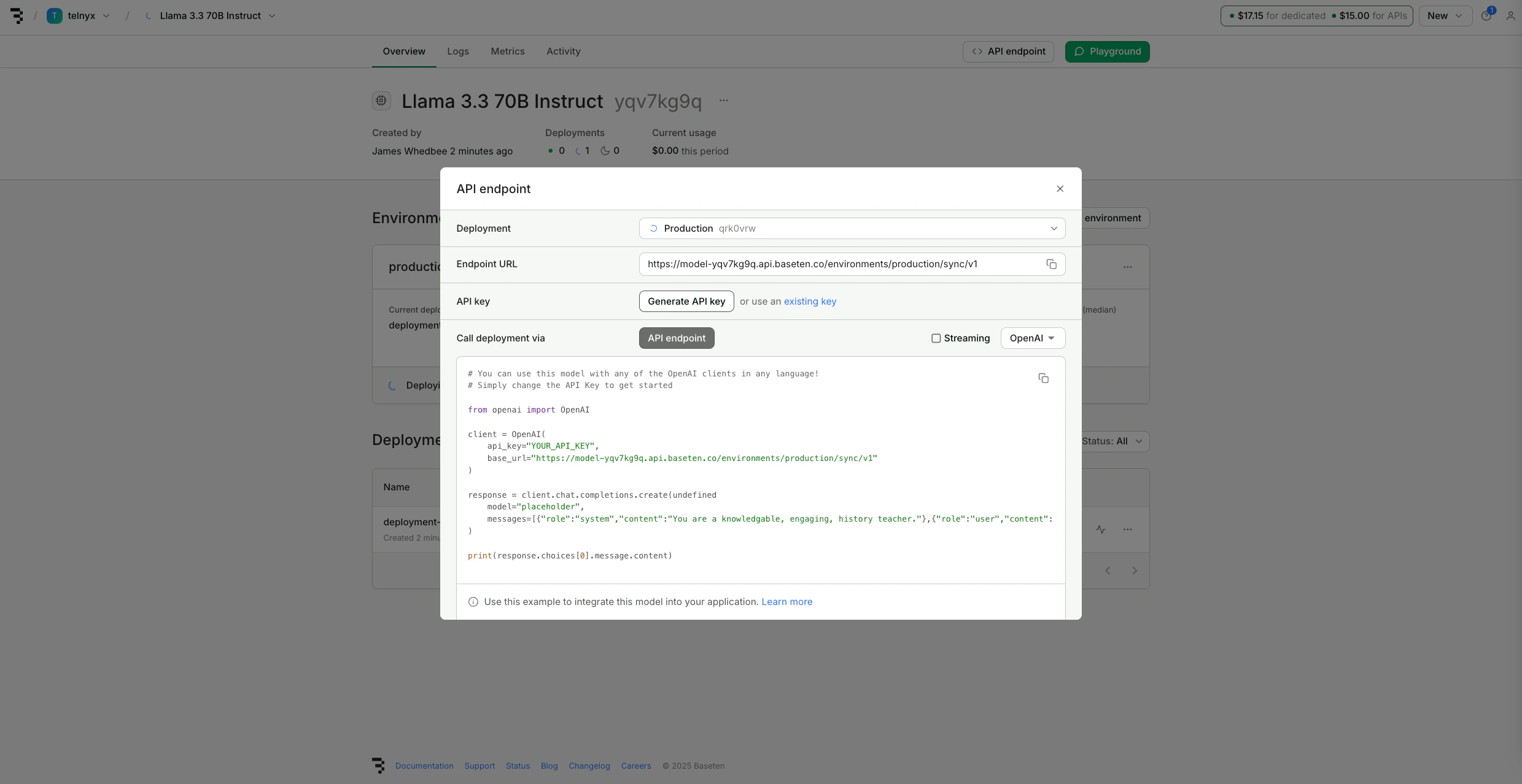 Baseten deployment page showing API endpoint URL and key generation button