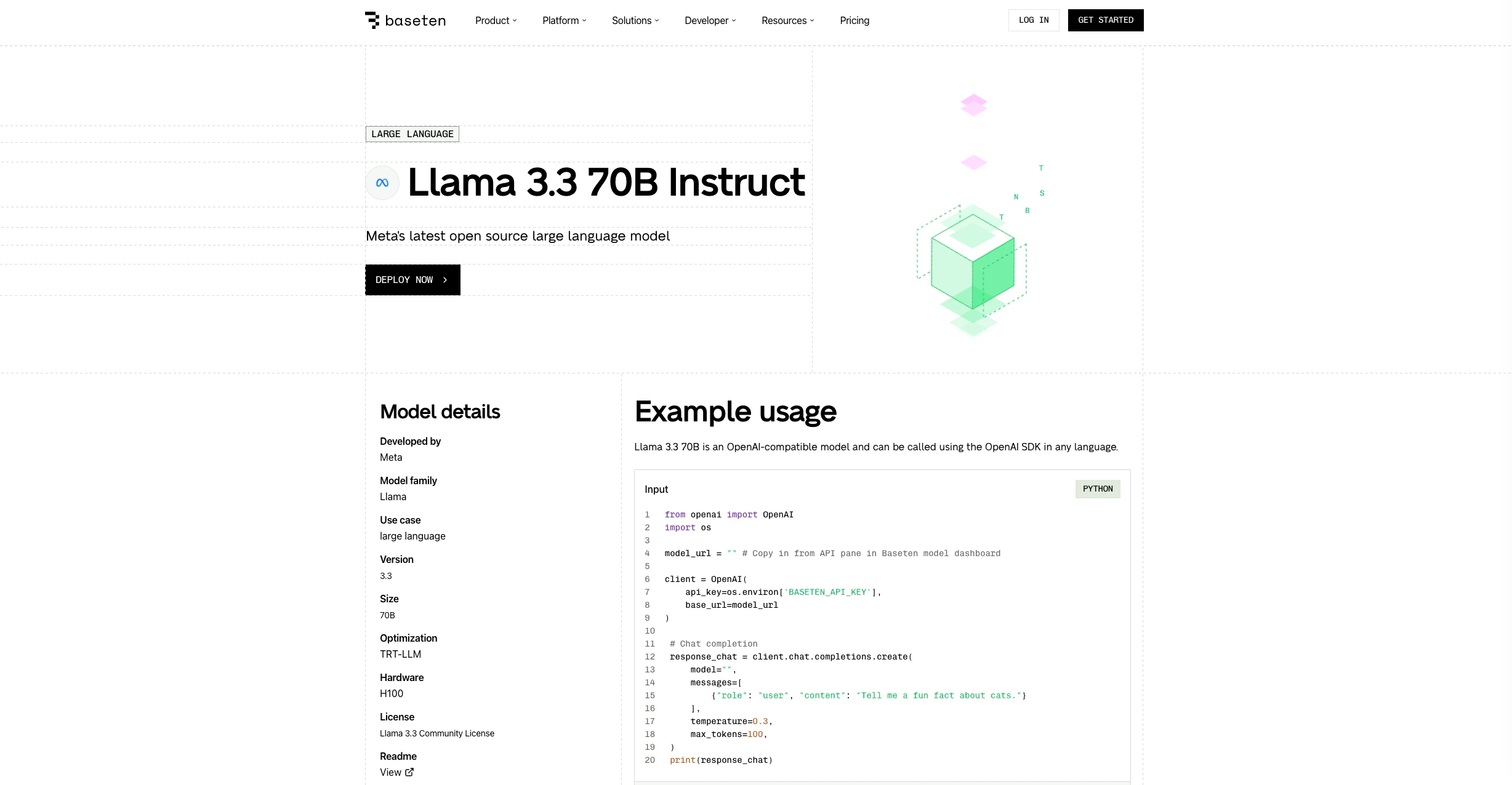 Baseten model library page showing Llama 3.3 70B with Deploy Now button