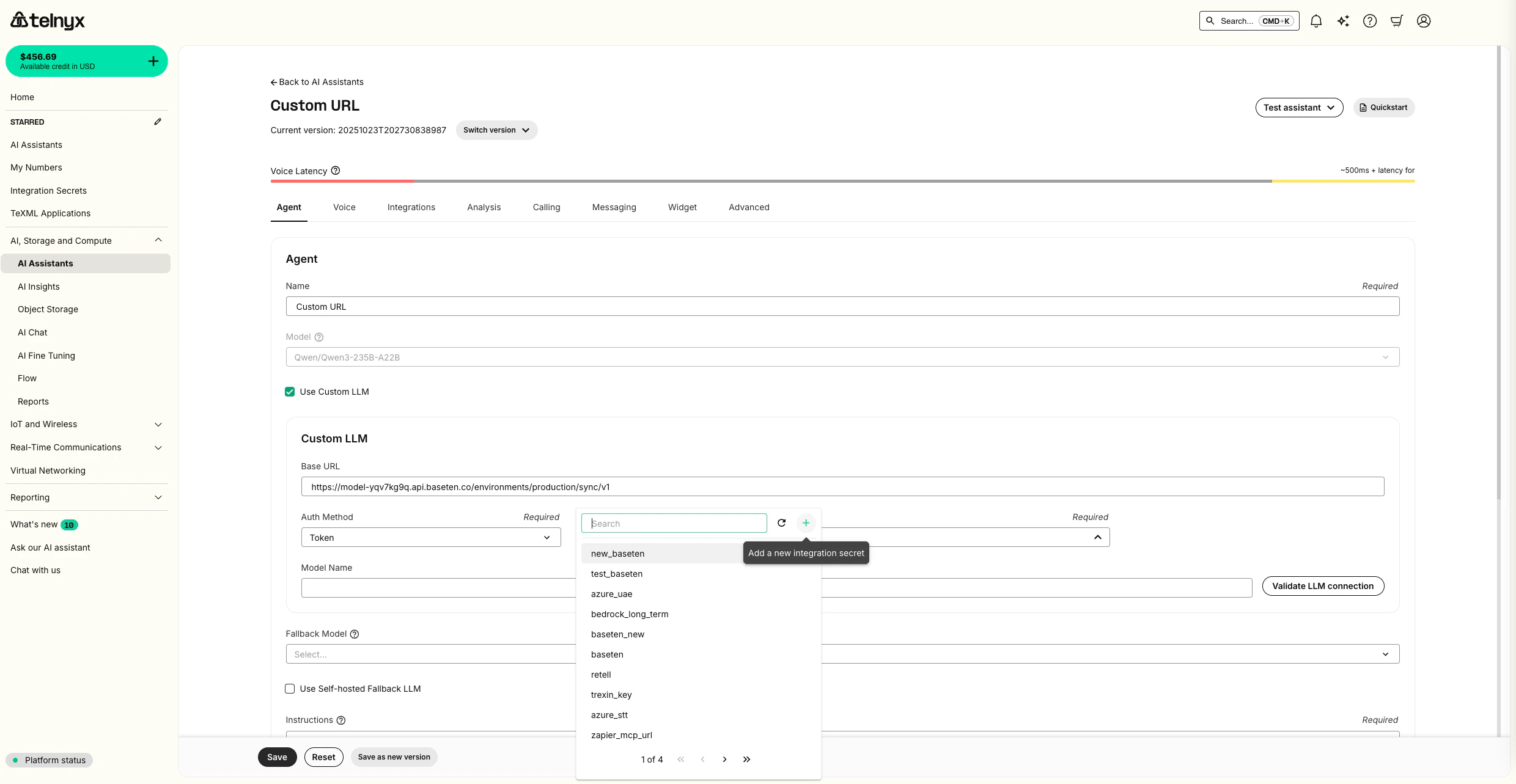 Telnyx portal custom LLM configuration showing Base URL input field