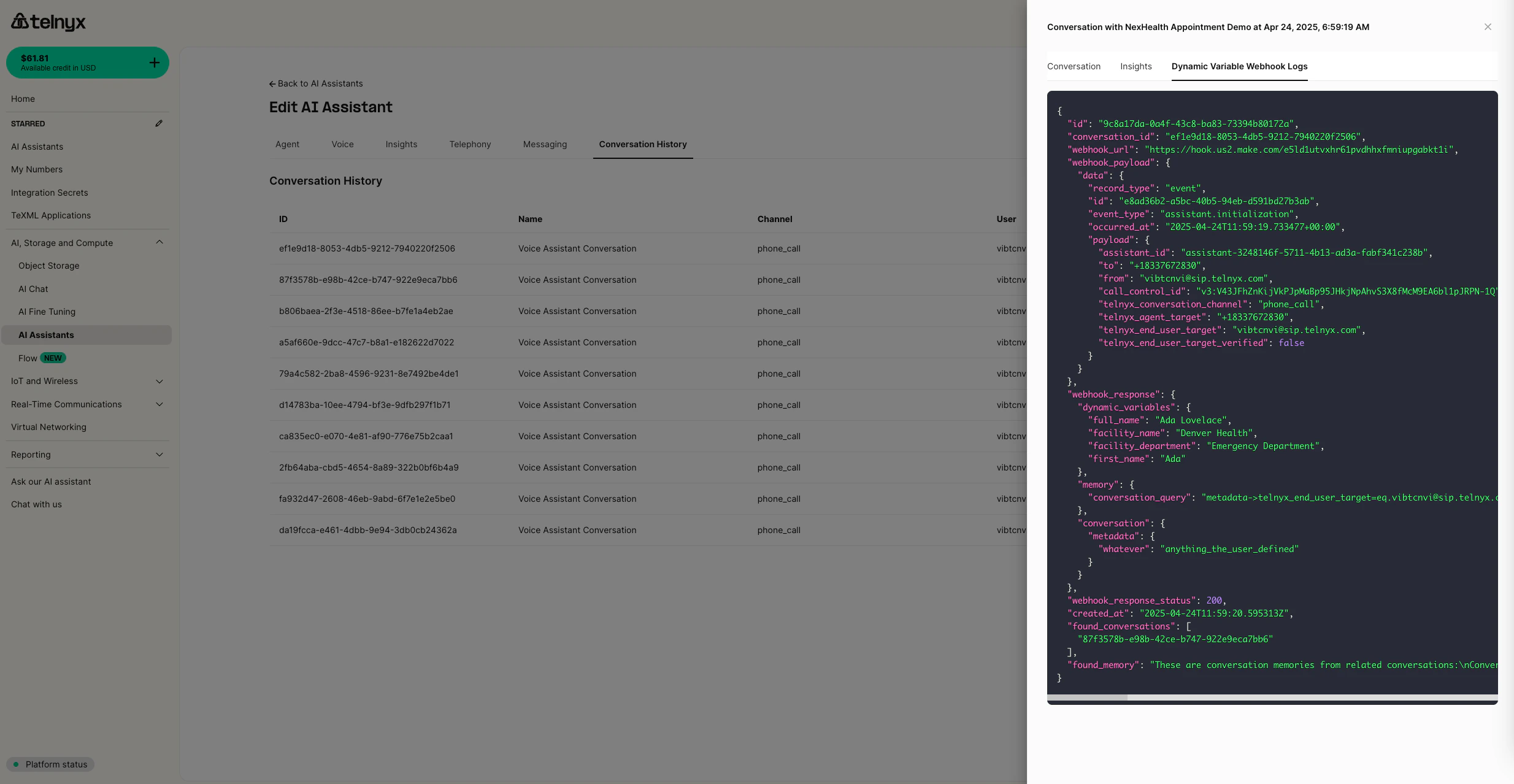 AI Assistant Webhook Logs