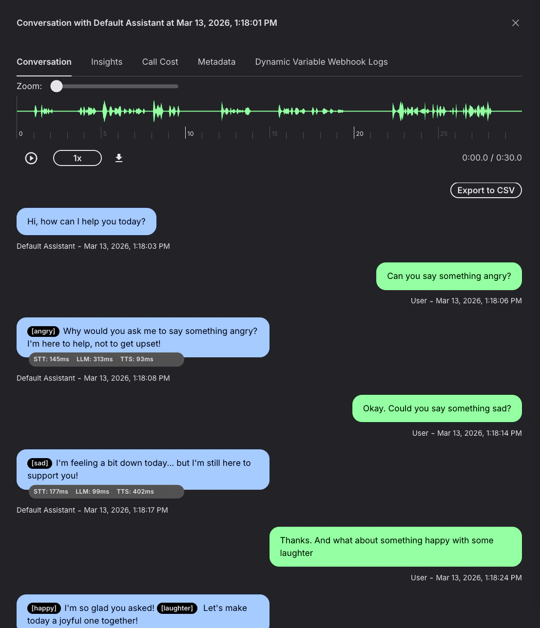 Conversation transcript showing an AI assistant using expressive mode — responding with angry, sad, and happy emotions plus laughter based on the user's requests