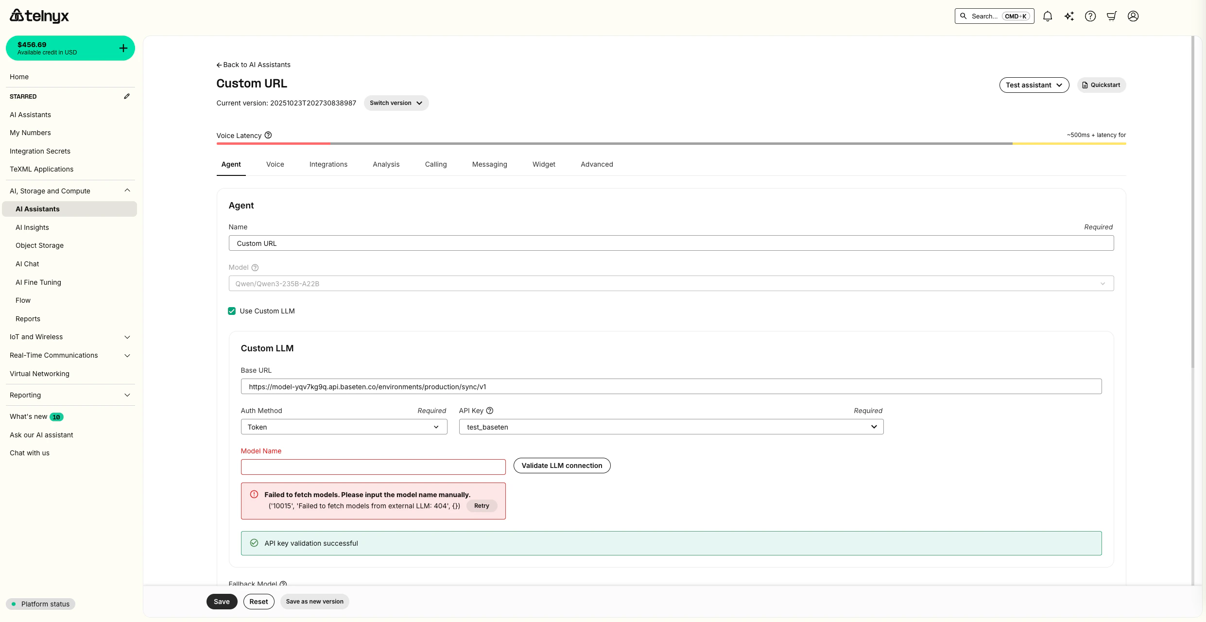 Telnyx portal custom LLM validation interface with connection test button