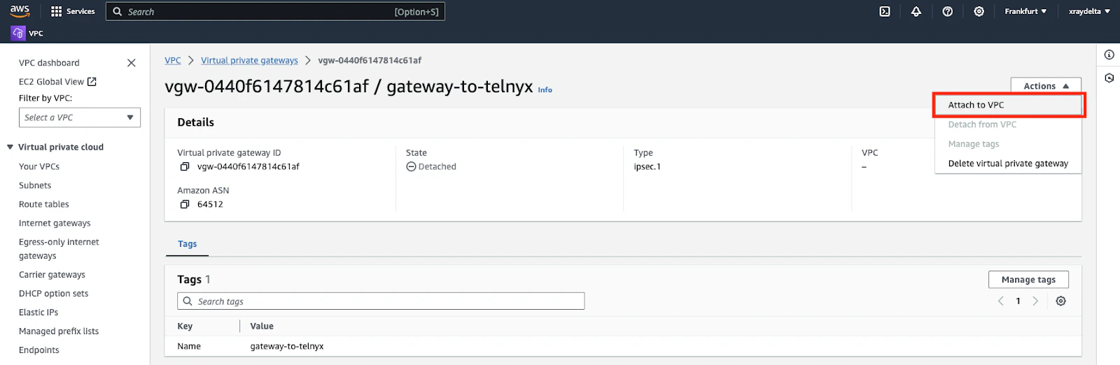 AWS Attach Virtual Private Gateway