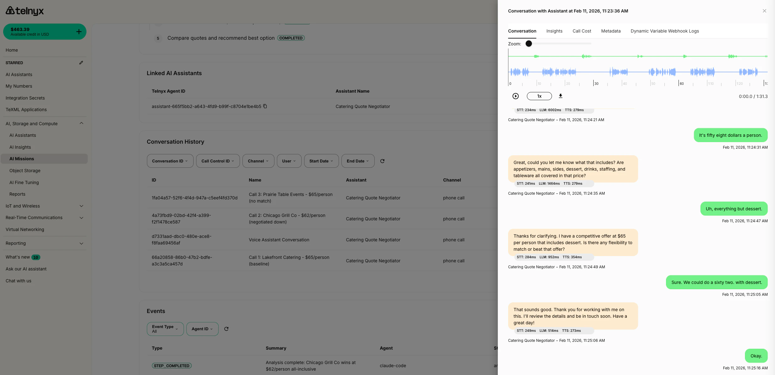 Conversation detail showing the Catering Quote Negotiator negotiating with Chicago Grill Co — starting at 58/person without dessert, then negotiating to 62 all-inclusive using the $65 competitor quote as leverage