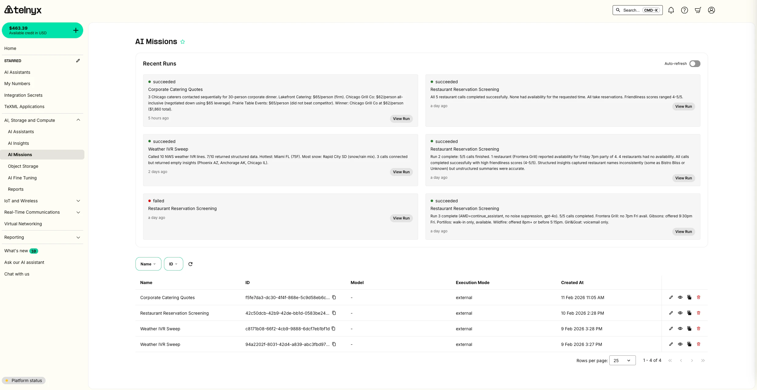 AI Missions overview showing recent runs including Corporate Catering Quotes (succeeded), Restaurant Reservation Screening, and Weather IVR Sweep missions