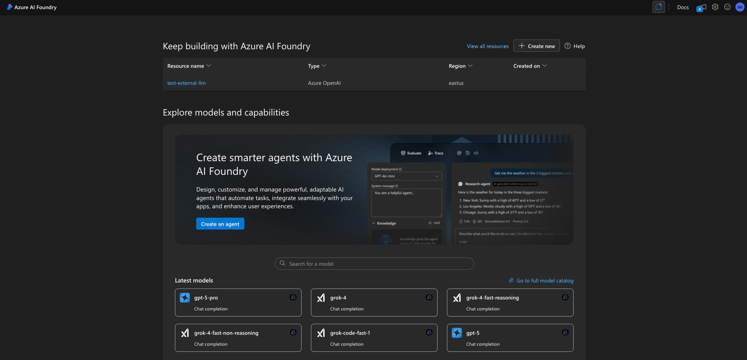 Azure AI Foundry homepage showing resource selection interface