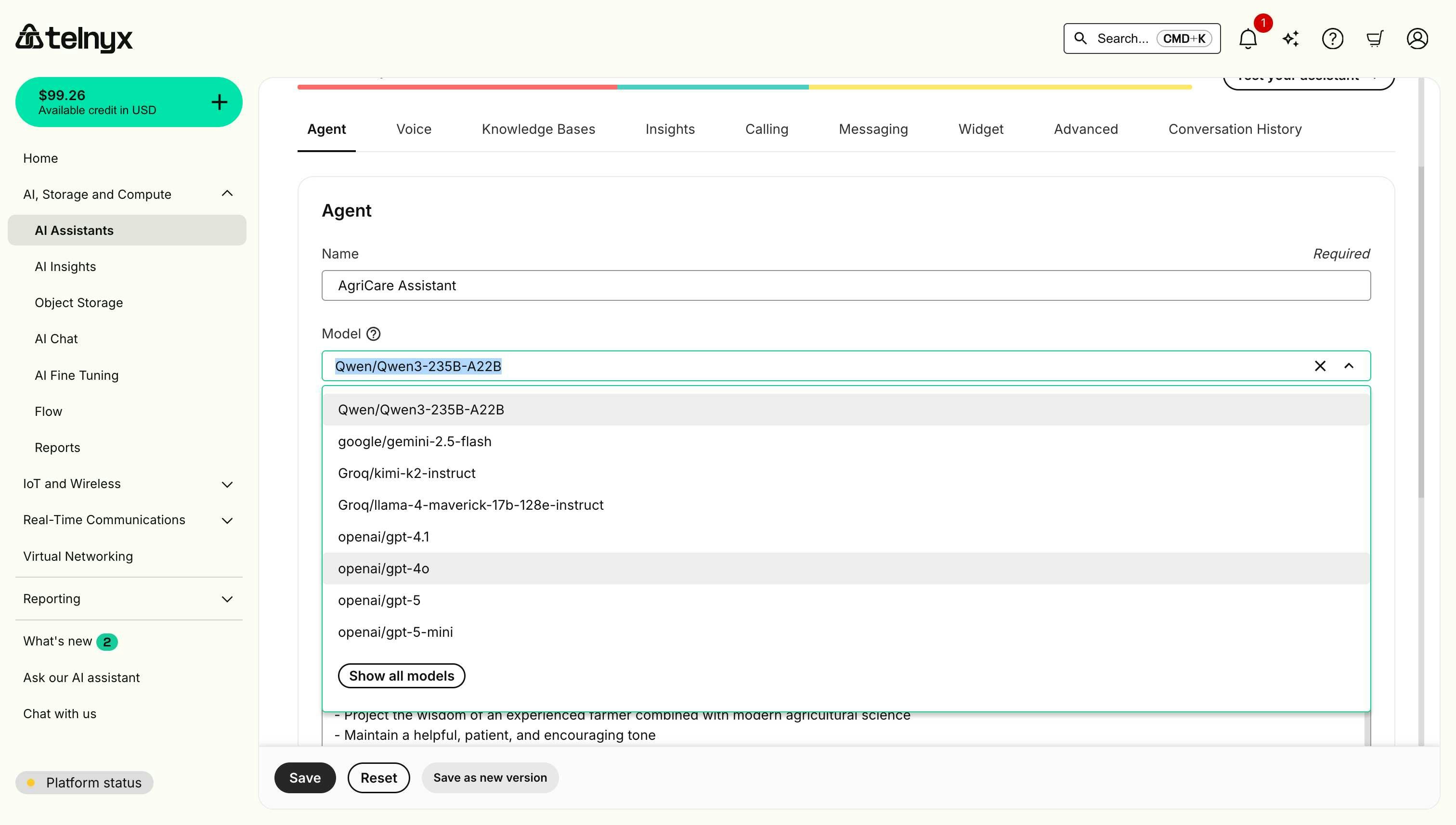 AI Assistant Model Selection