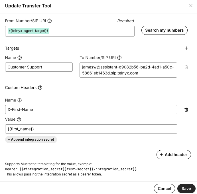 AI Assistant SIP Header Config