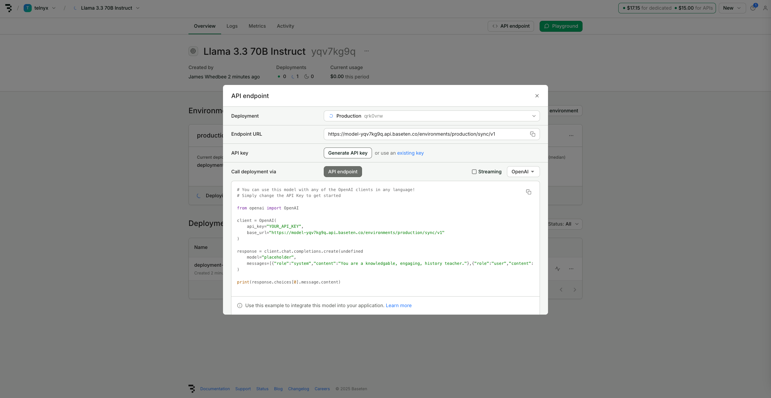 Baseten deployment page showing API endpoint URL and key generation button